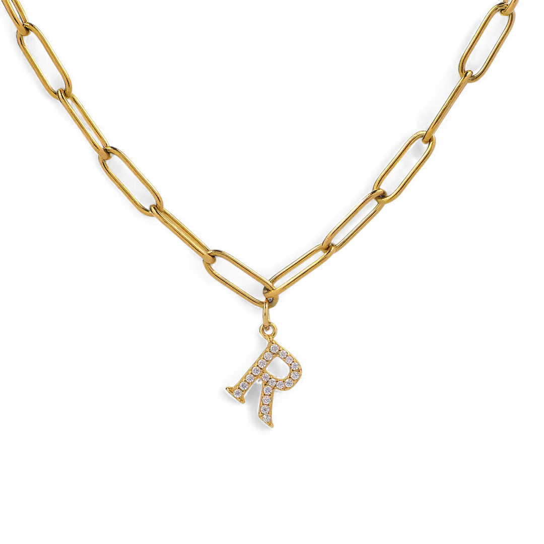 Diamond Letter Pendant Necklace with Paperclip Chain