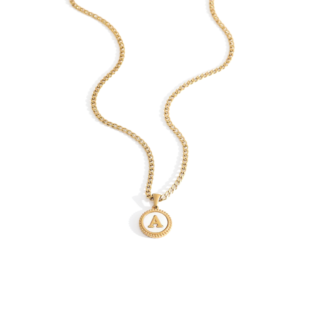 Mother of Pearl Disc Letter Necklace with Cuban Chain