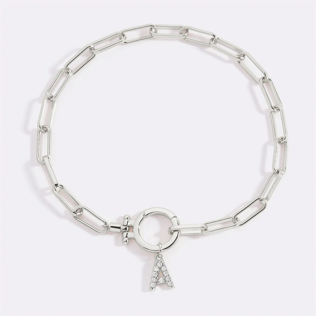 Mint Paperclip Bracelet with Pave Initial Charm