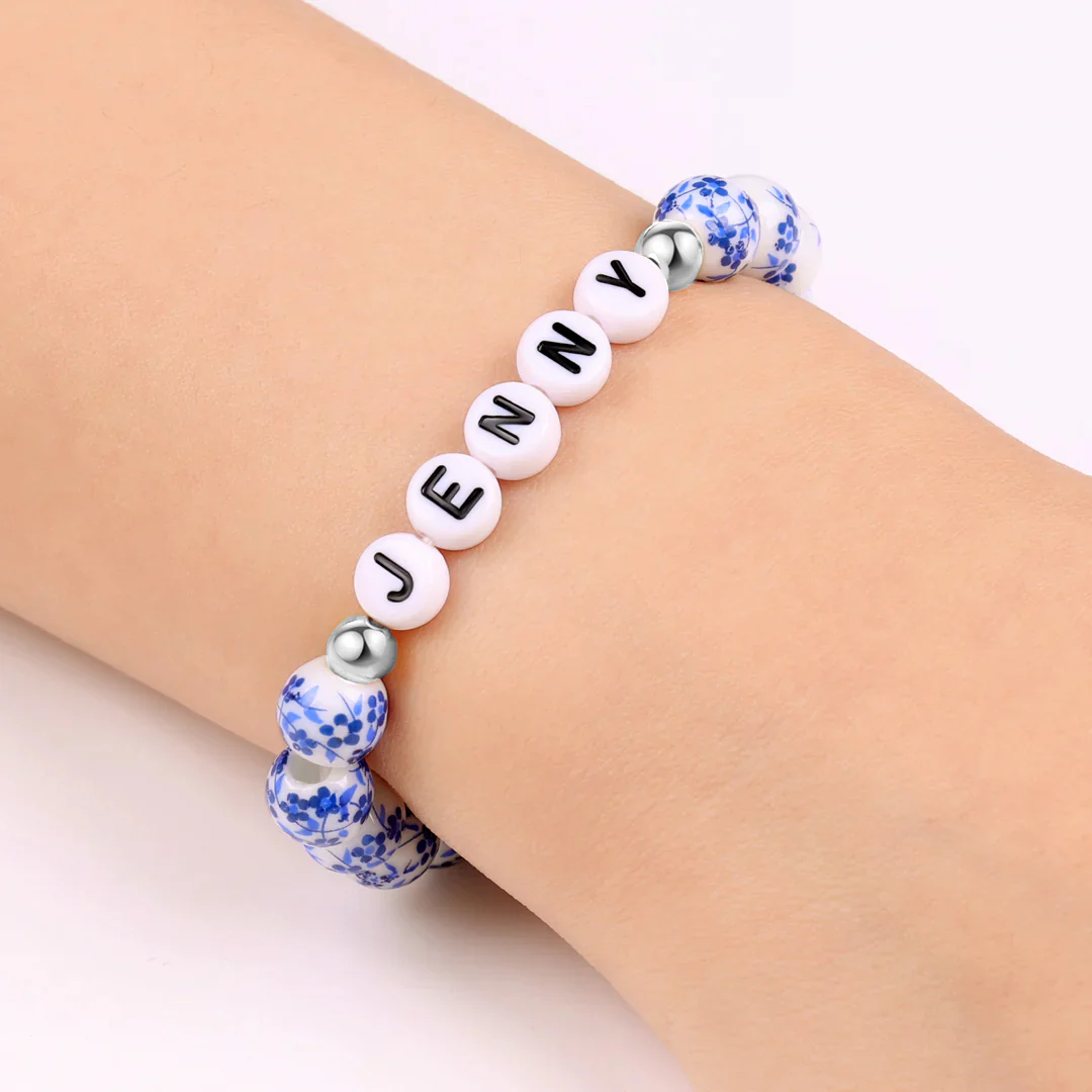 Custom Name Blue Porcelain Floral Beaded Bracelet