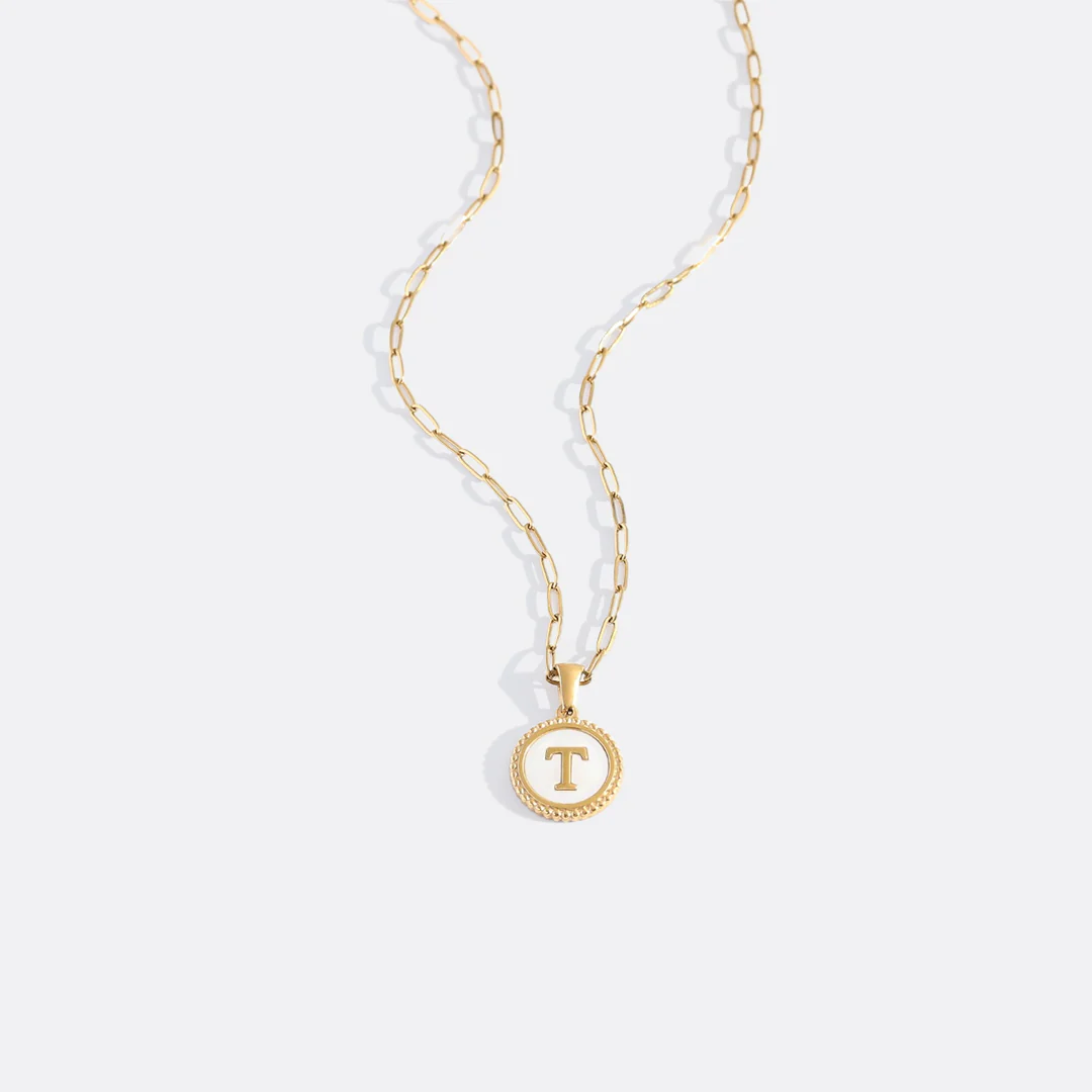 Mother of Pearl Disc Letter Necklace with Paperclip Chain