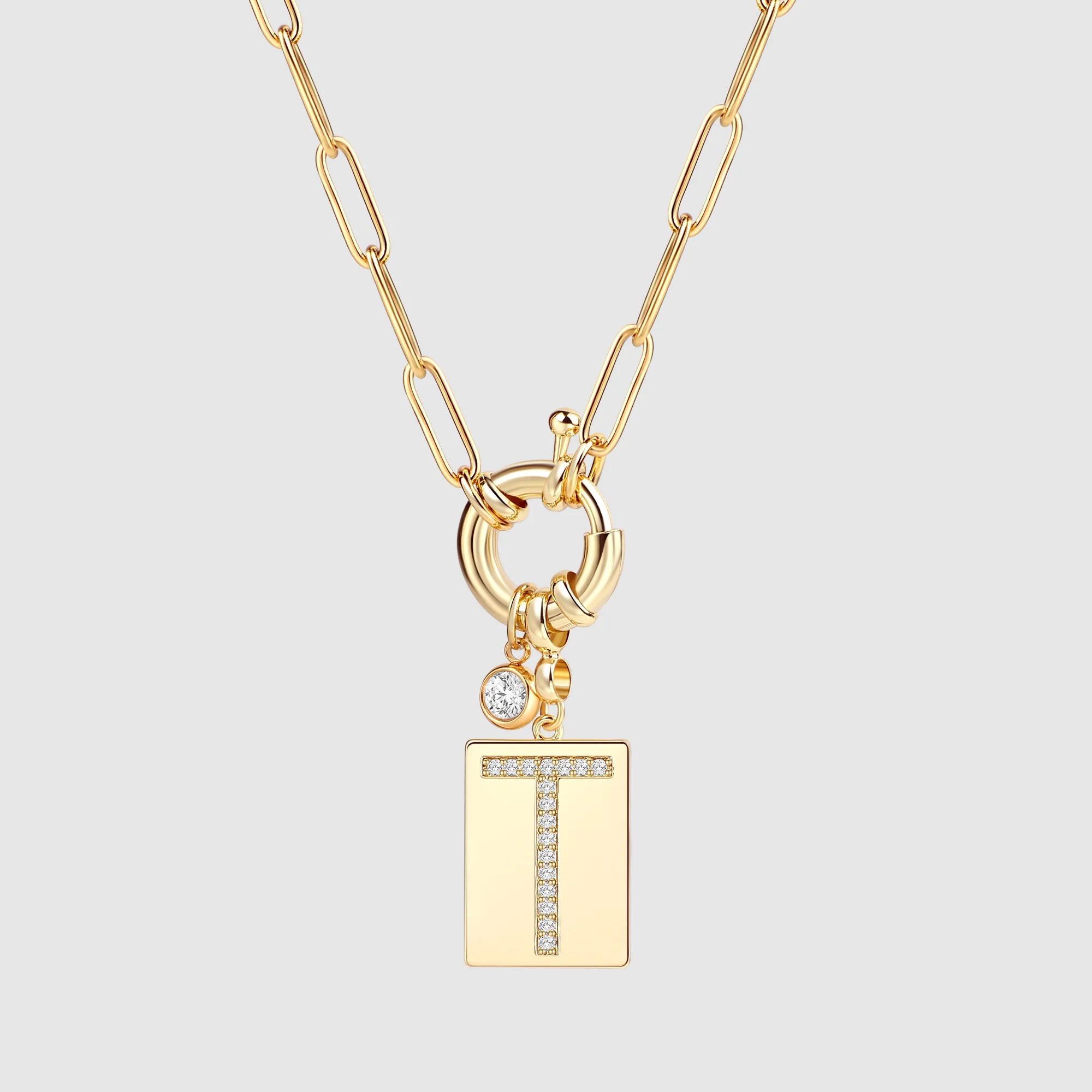 Pave Initial Pendant Necklace with Paperclip Chain