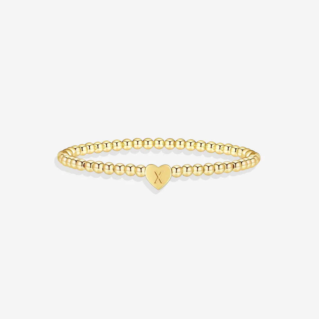 Gold Beaded Bracelet with Heart Initial