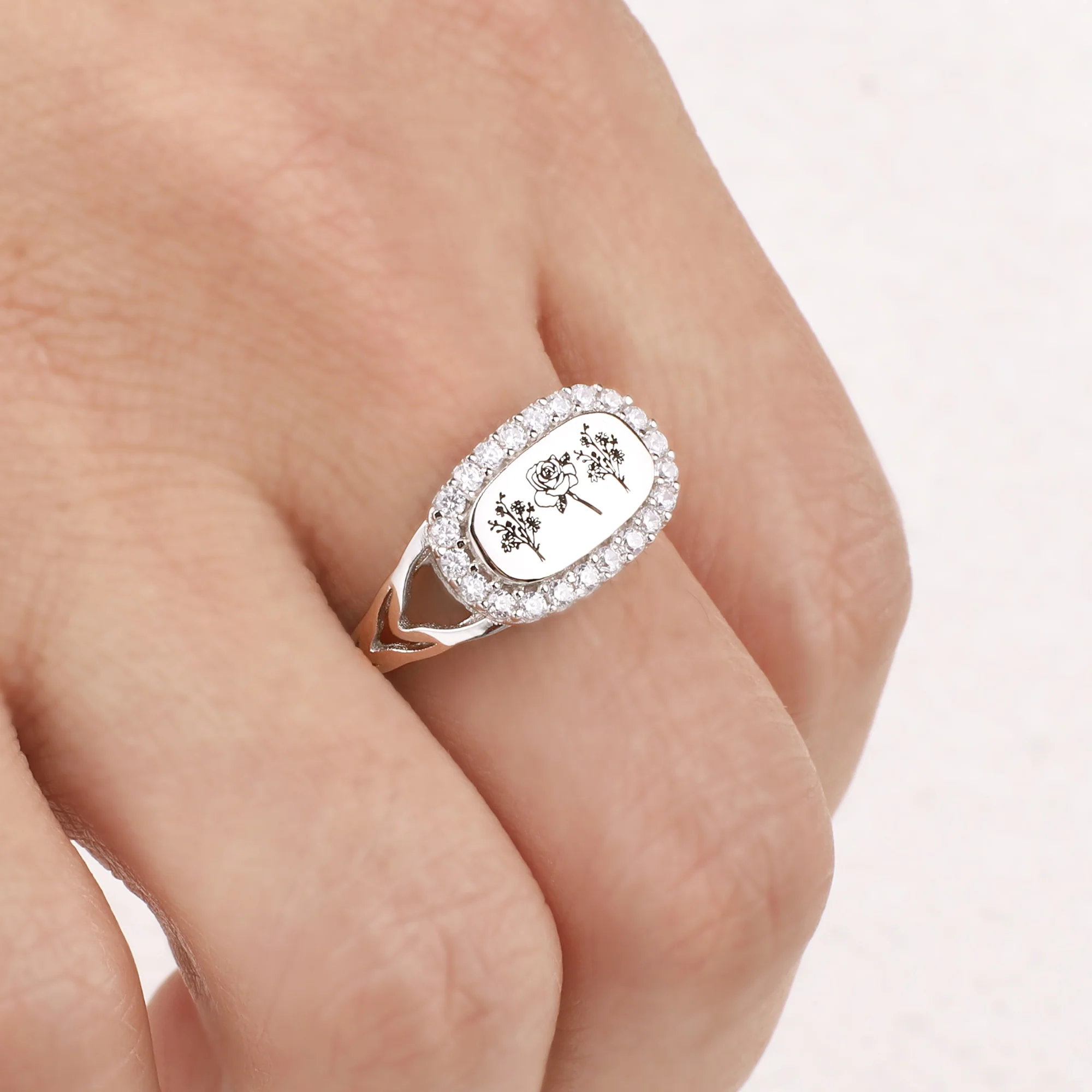 Personalized Birth Flower Bejeweled Ring