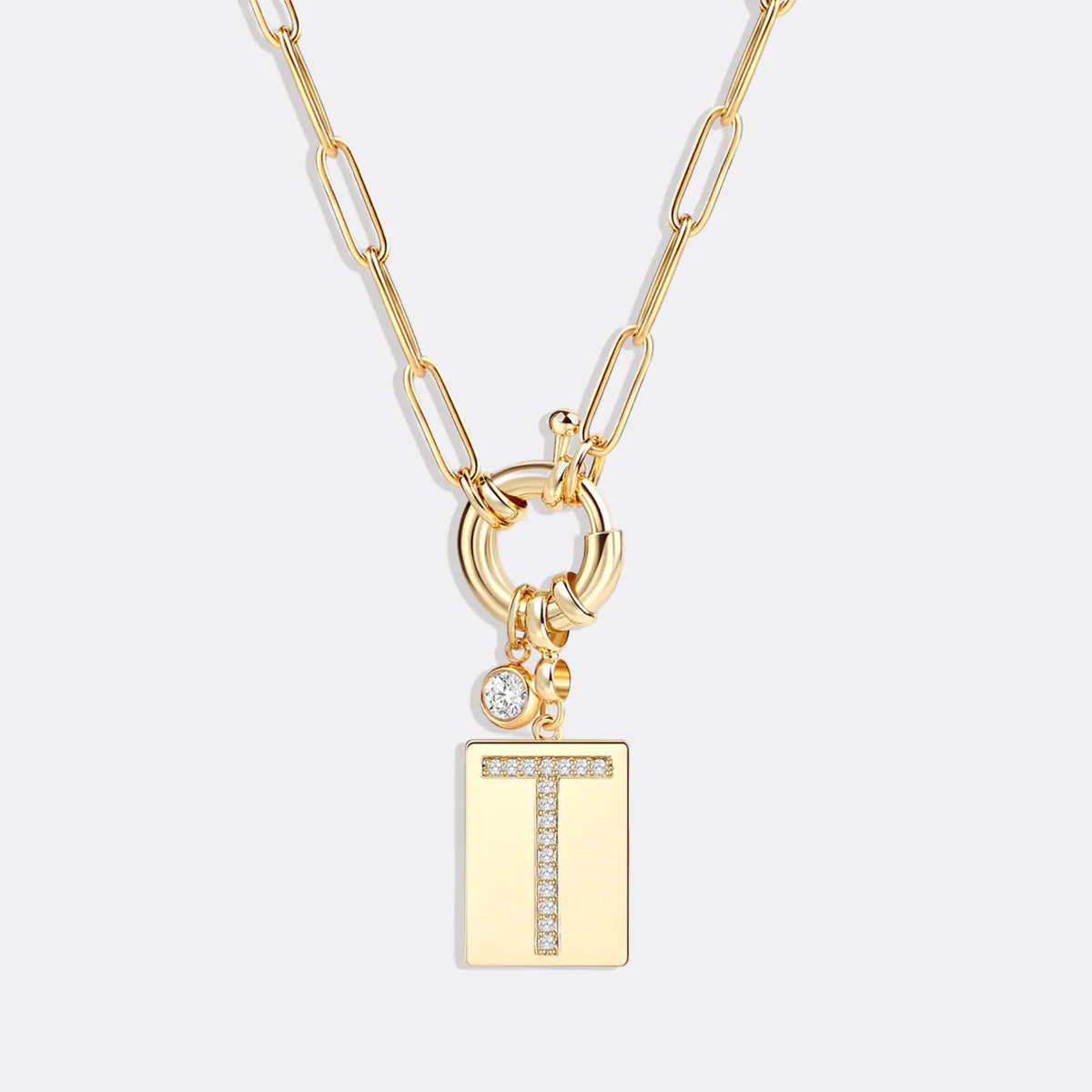 Pave Initial Pendant Necklace with Paperclip Chain
