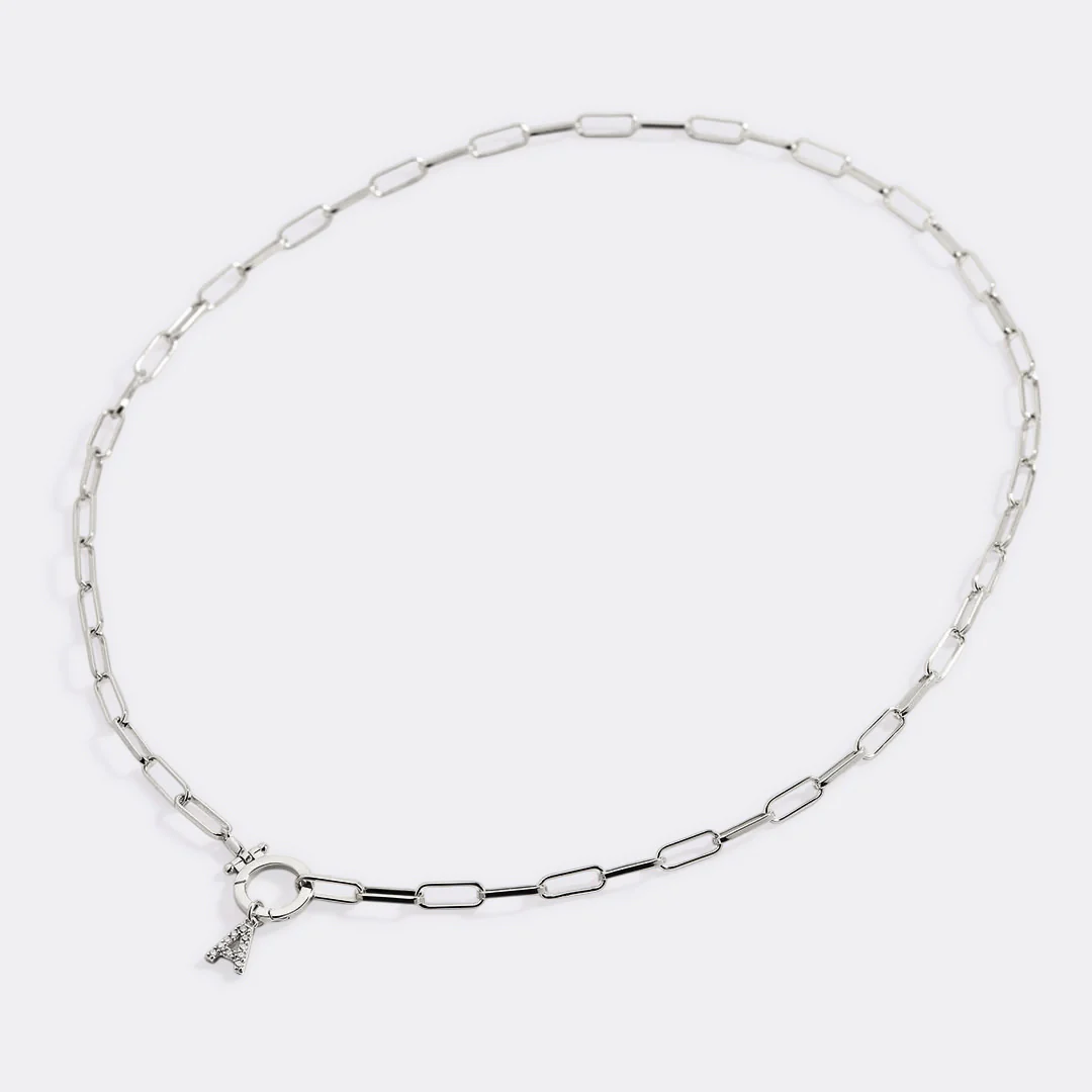 Mint Paperclip Necklace with Pave Initial Charm