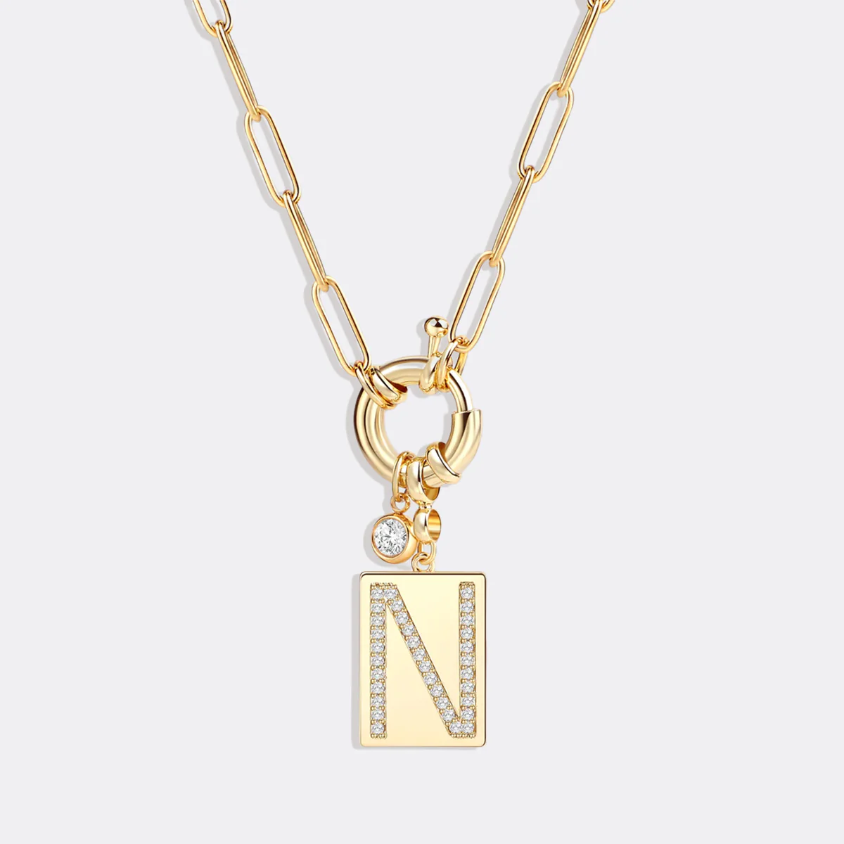 Pave Initial Pendant Necklace with Paperclip Chain