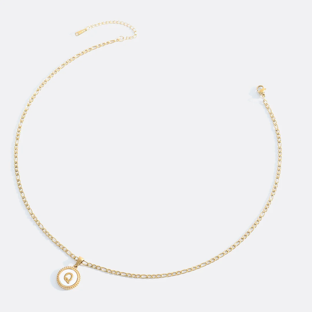 Mother of Pearl Disc Letter Necklace with Figaro Chain