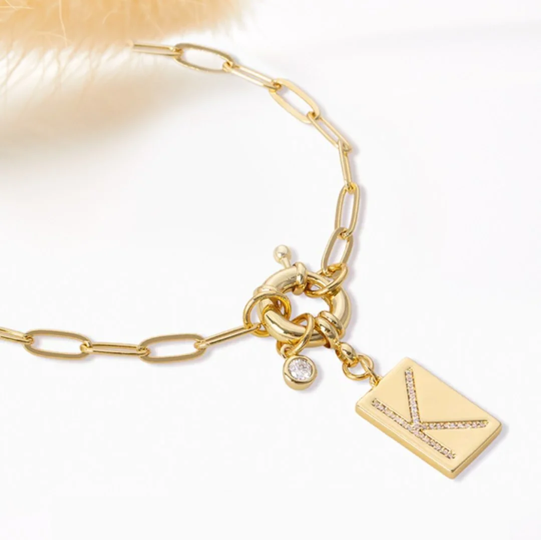 Pave Initial Pendant Necklace with Paperclip Chain