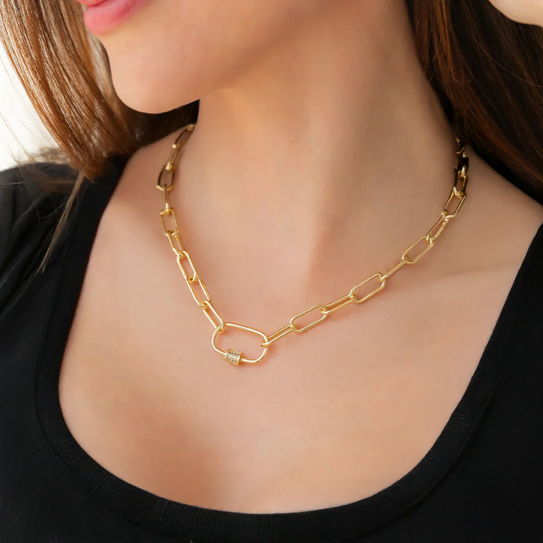 Link Chain Necklace with Pave Carabiner Clasp
