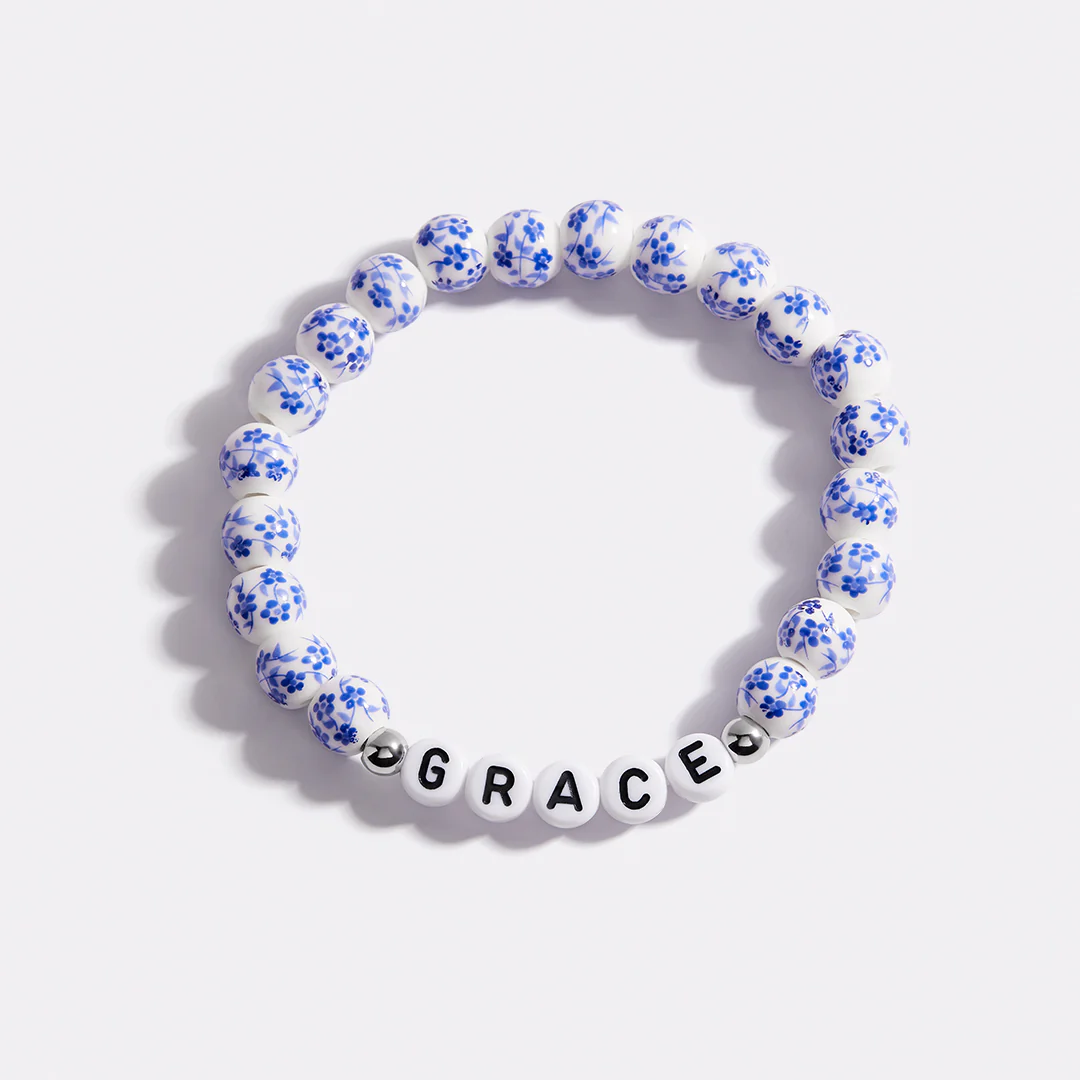 Custom Name Blue Porcelain Floral Beaded Bracelet