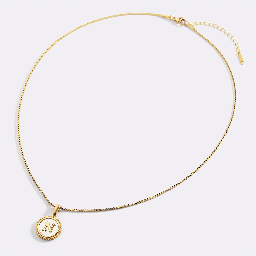 Mother of Pearl Disc Letter Necklace with Box Chain