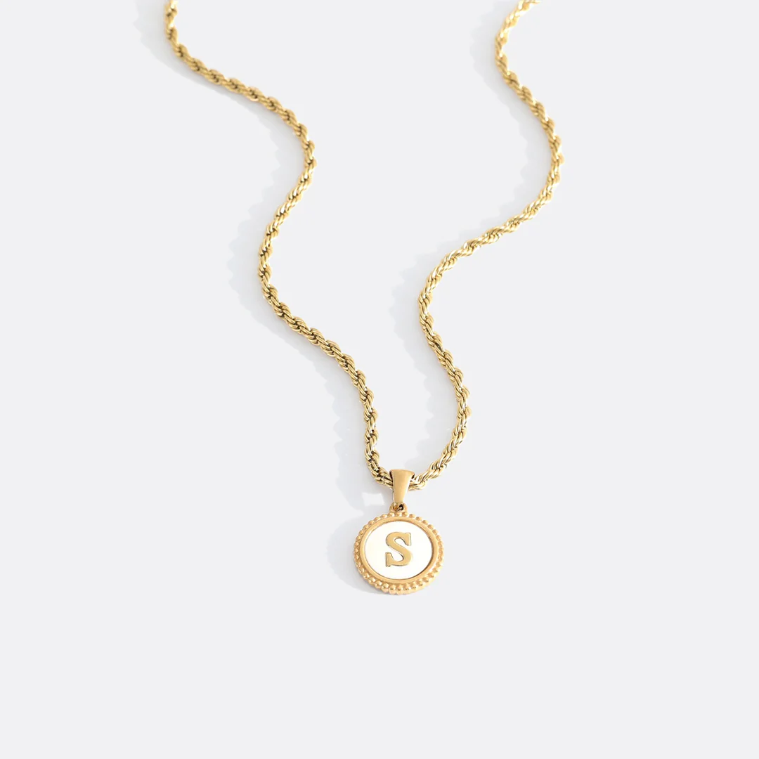 Mother of Pearl Disc Letter Necklace with Rope Chain