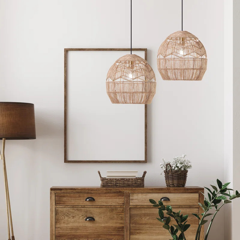 Metal and Woven Hemp Rope Hanging Pendant, Brown