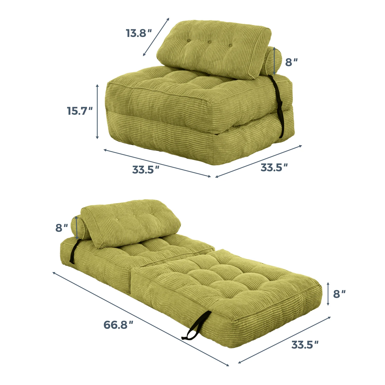 MAXYOYO Corduroy Folding Sofa Bed, Convertible Sleeper Chair with Pillow Foldable Mattress with Back Support, Green