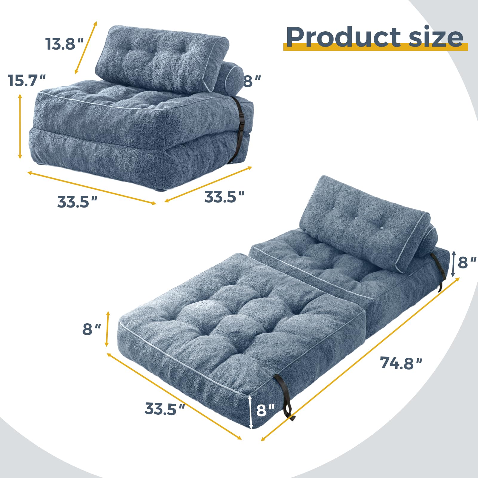 MAXYOYO Fuzzy Sofa Bed - Convertible Sleeper Chair with Pillow, Dusty Blue