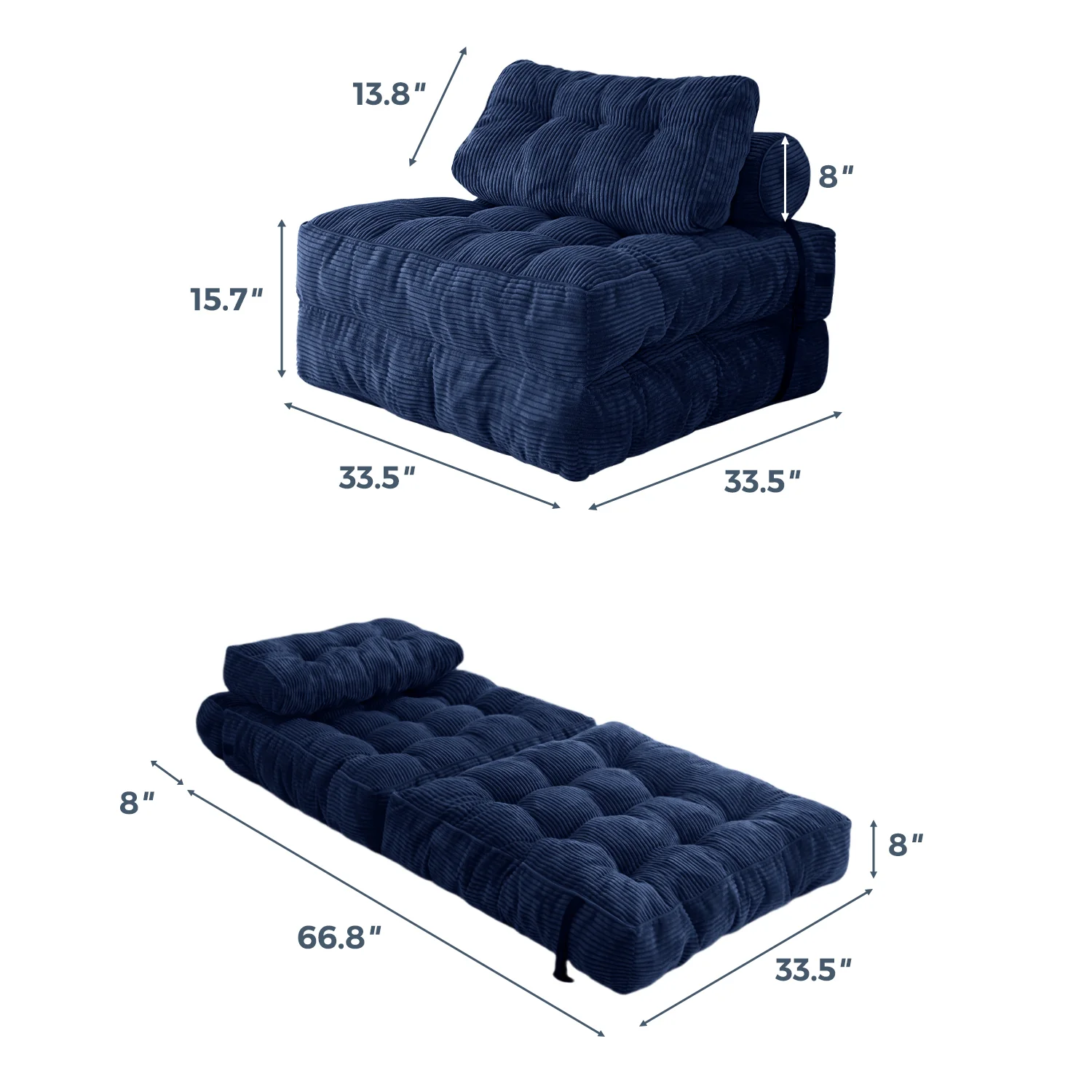 MAXYOYO Corduroy Folding Sofa Bed, Convertible Sleeper Chair with Pillow Foldable Mattress with Back Support, Navy