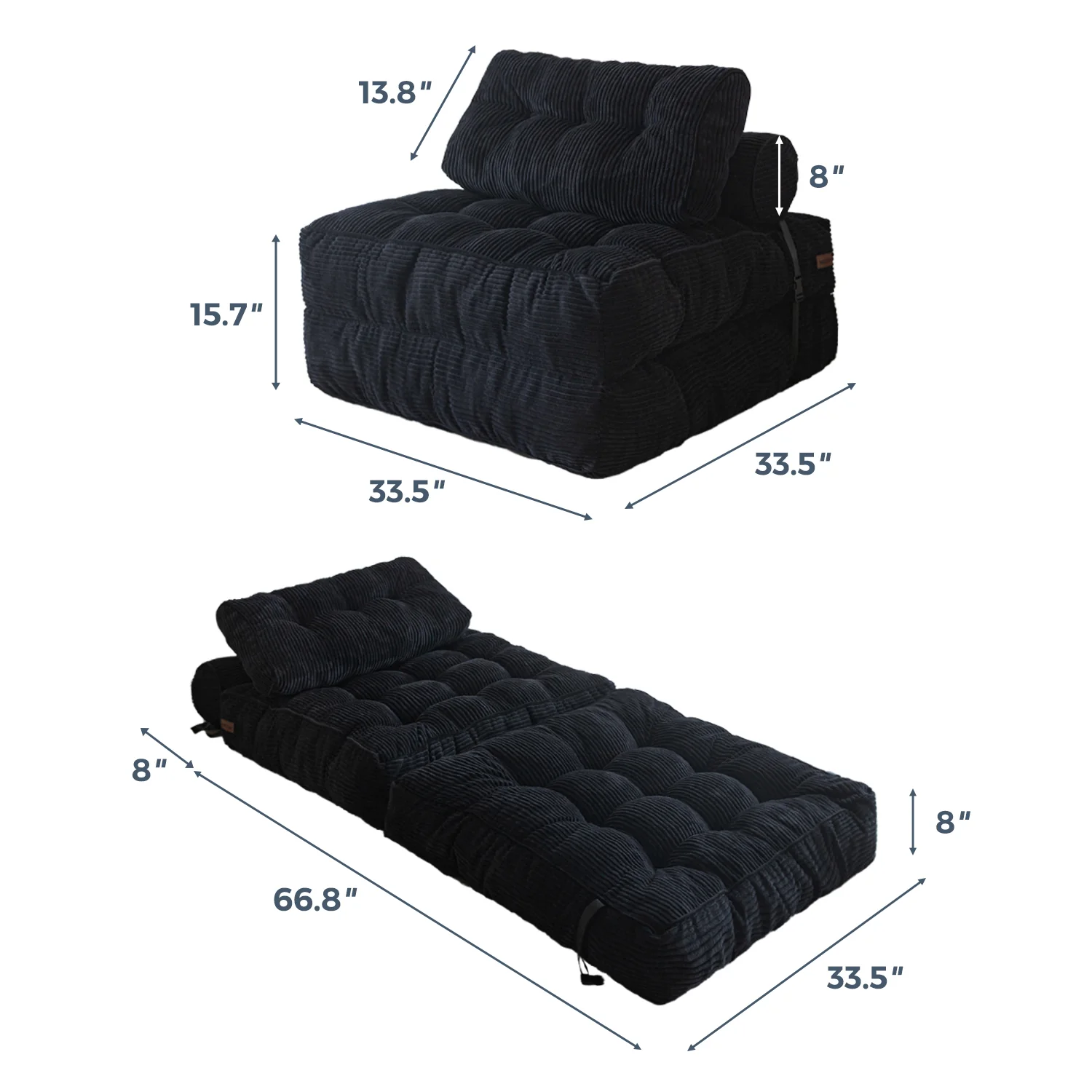 MAXYOYO Corduroy Folding Sofa Bed, Convertible Sleeper Chair with Pillow Foldable Mattress with Back Support, Black