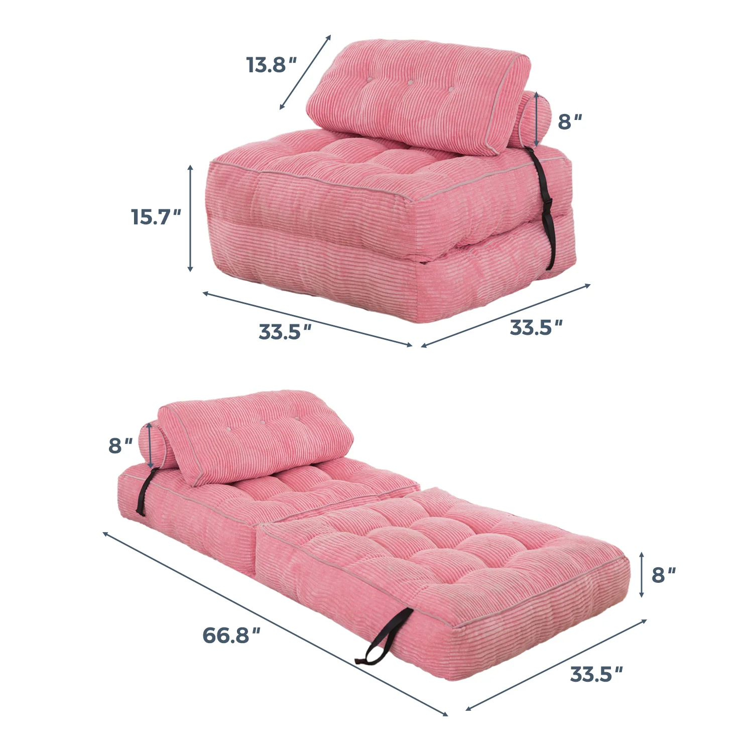 MAXYOYO Corduroy Folding Sofa Bed, Convertible Sleeper Chair with Pillow Foldable Mattress with Back Support, Pink