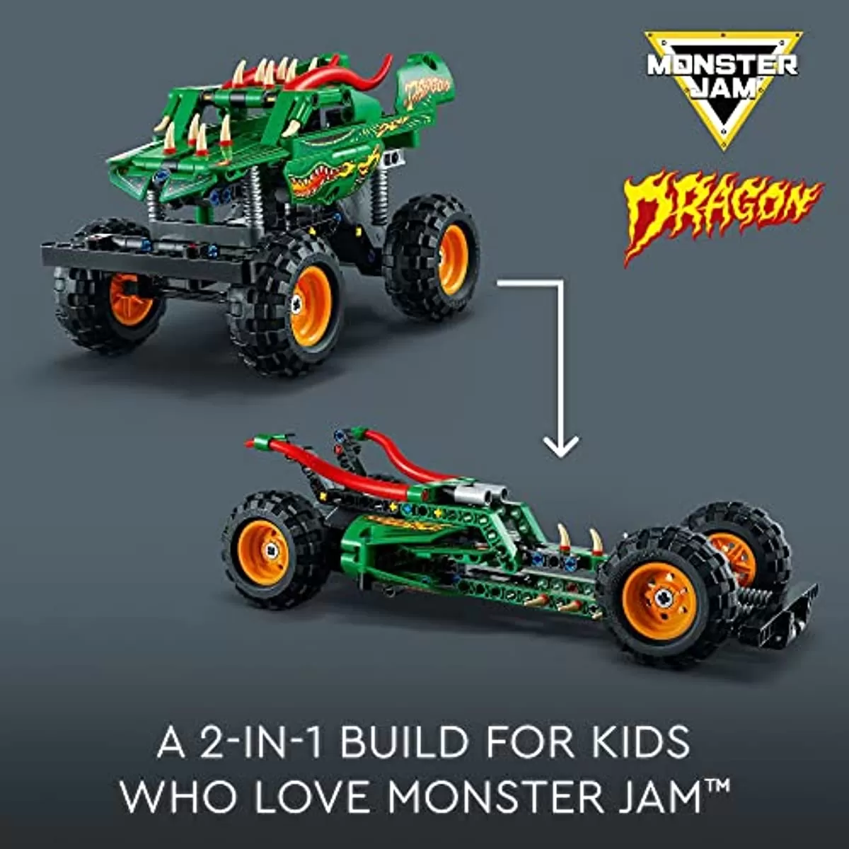 - Technic Monster Jam Dragon 42149, Monster Truck Toy for Boys and Girls, 2in1 Racing Pull Back Car Toys for Off Road Stunts, Kids Birthday Gift Idea