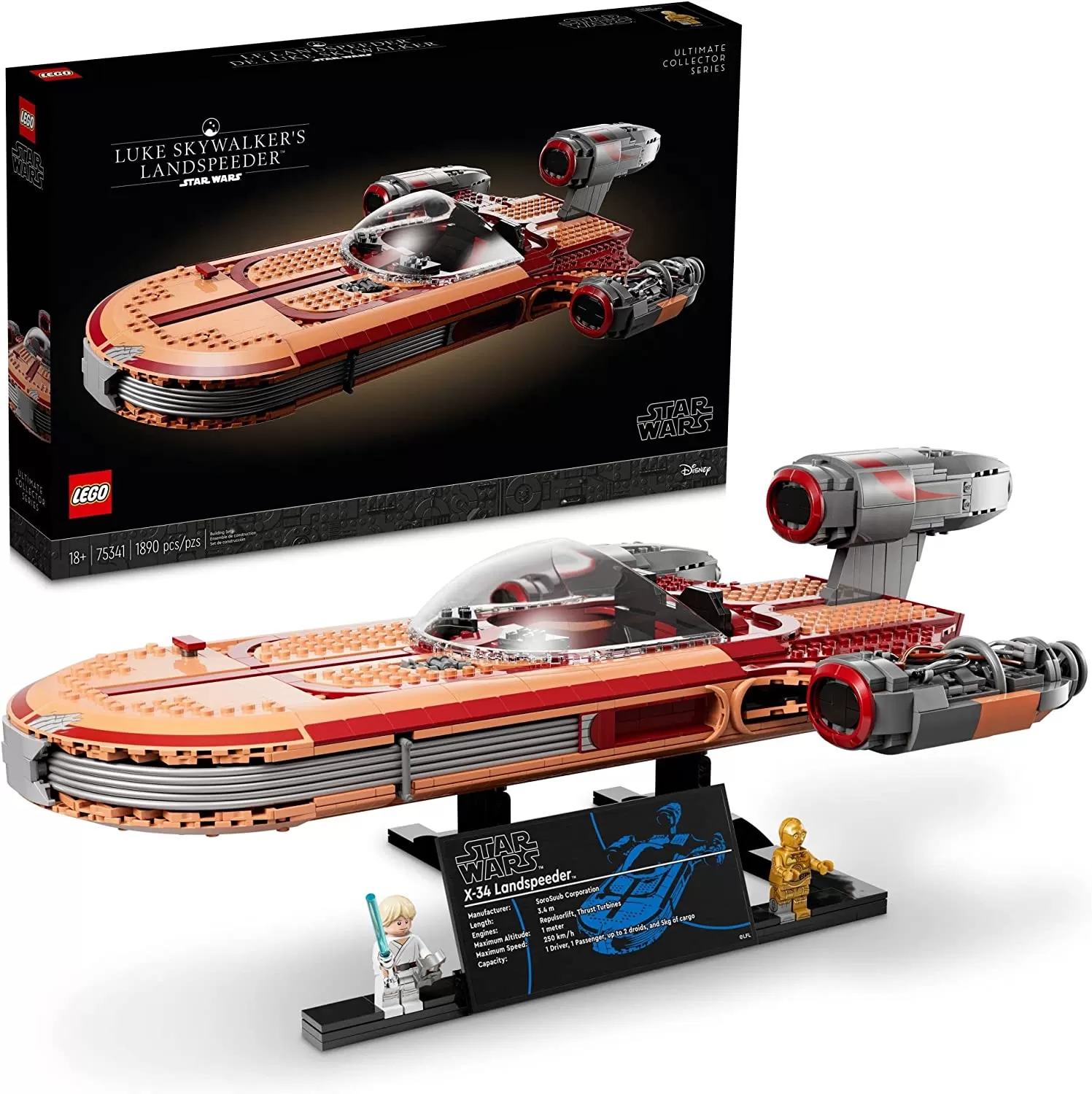 - Star Wars Luke Skywalker’s Landspeeder 75341 Collectible Building Display Set for Adult Fans of Star Wars (1,890 Pieces)