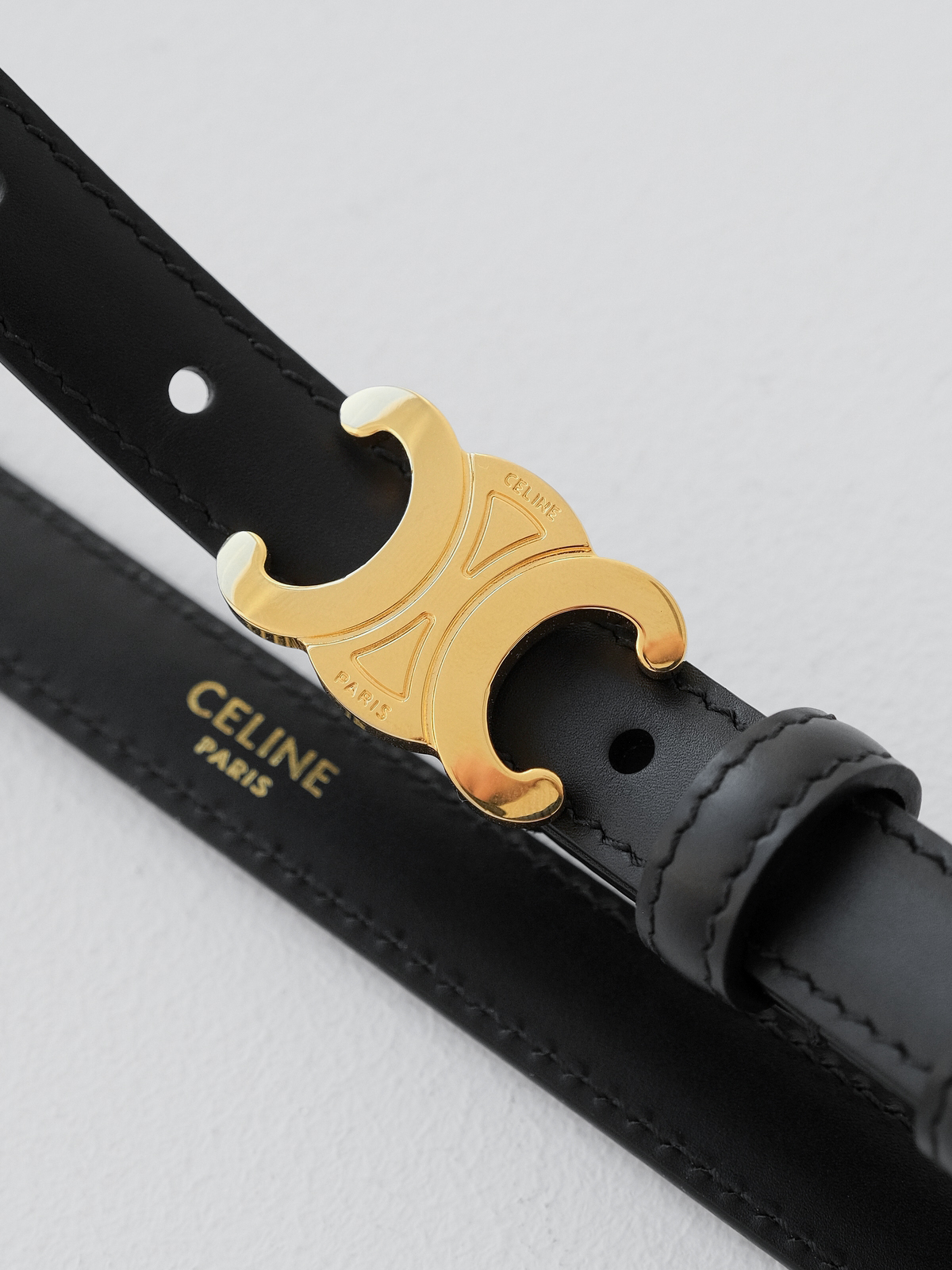 CELIN*ETRIOMPHE Arc de Triomphe cow leather belt with black gold buckle for men and women.