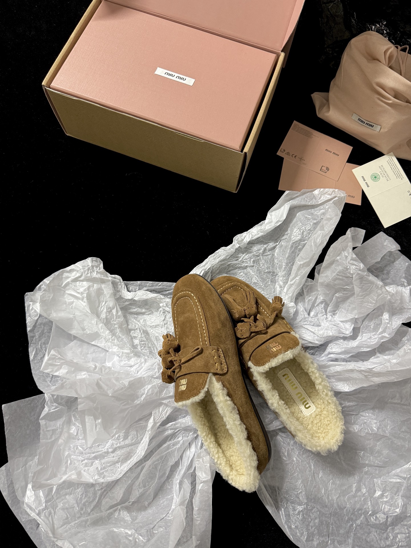 Miu Miu Wool Tassel Mule Slippers