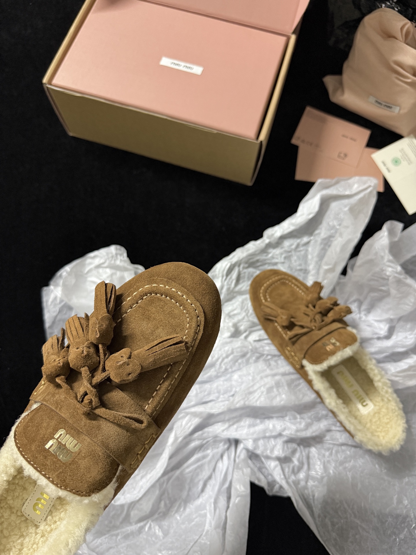 Miu Miu Wool Tassel Mule Slippers