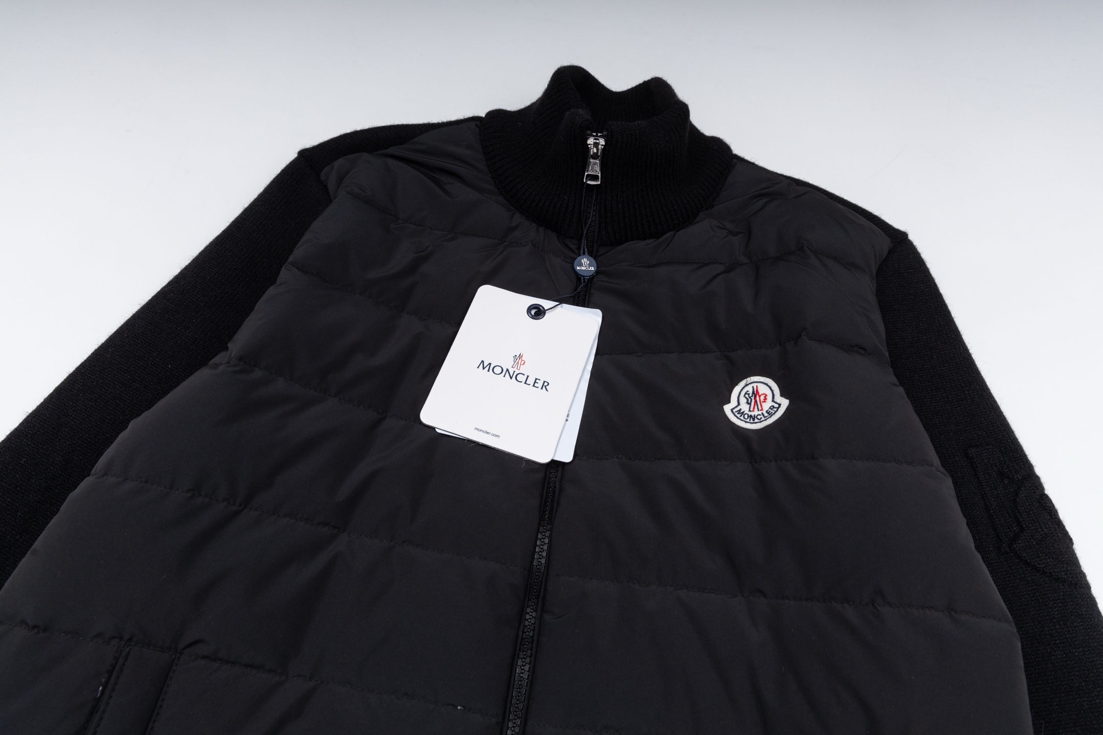 Moncler Small Chest Logo Paneled Knit Stand-Collar Down Jacket