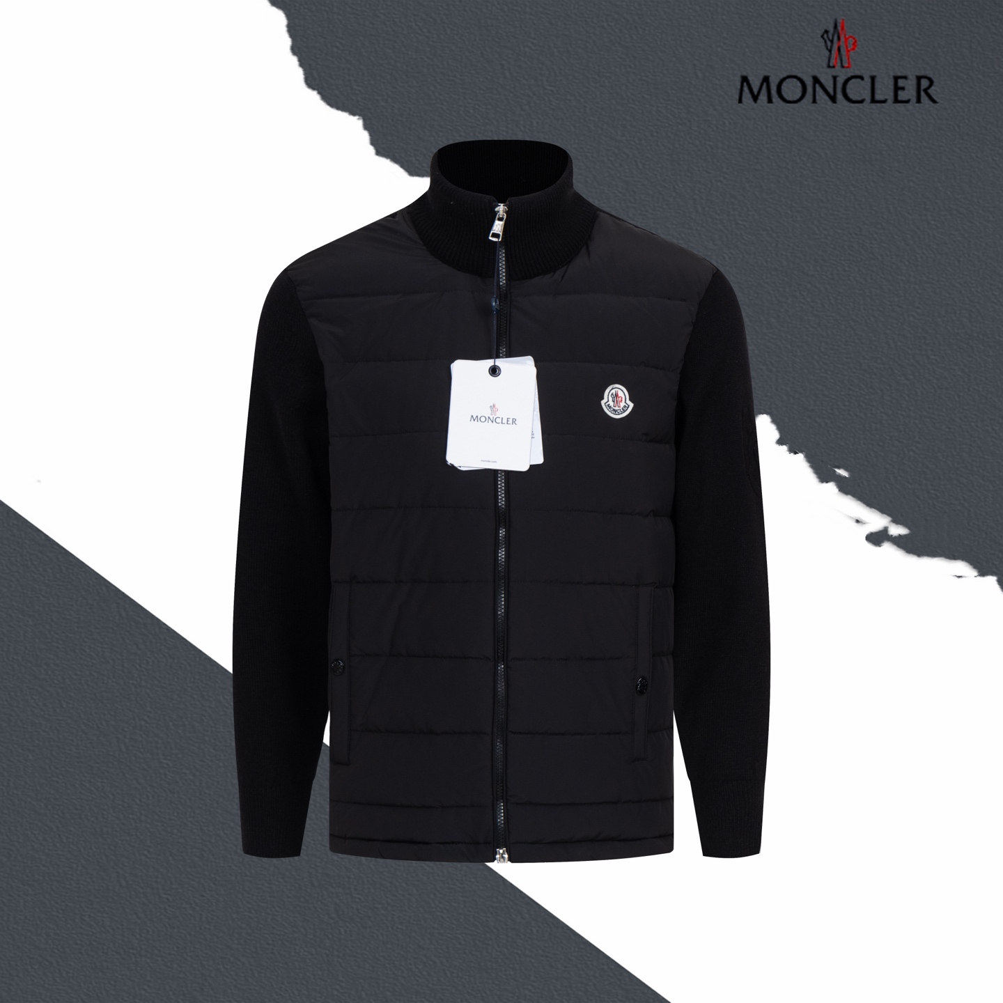 Moncler Small Chest Logo Paneled Knit Stand-Collar Down Jacket