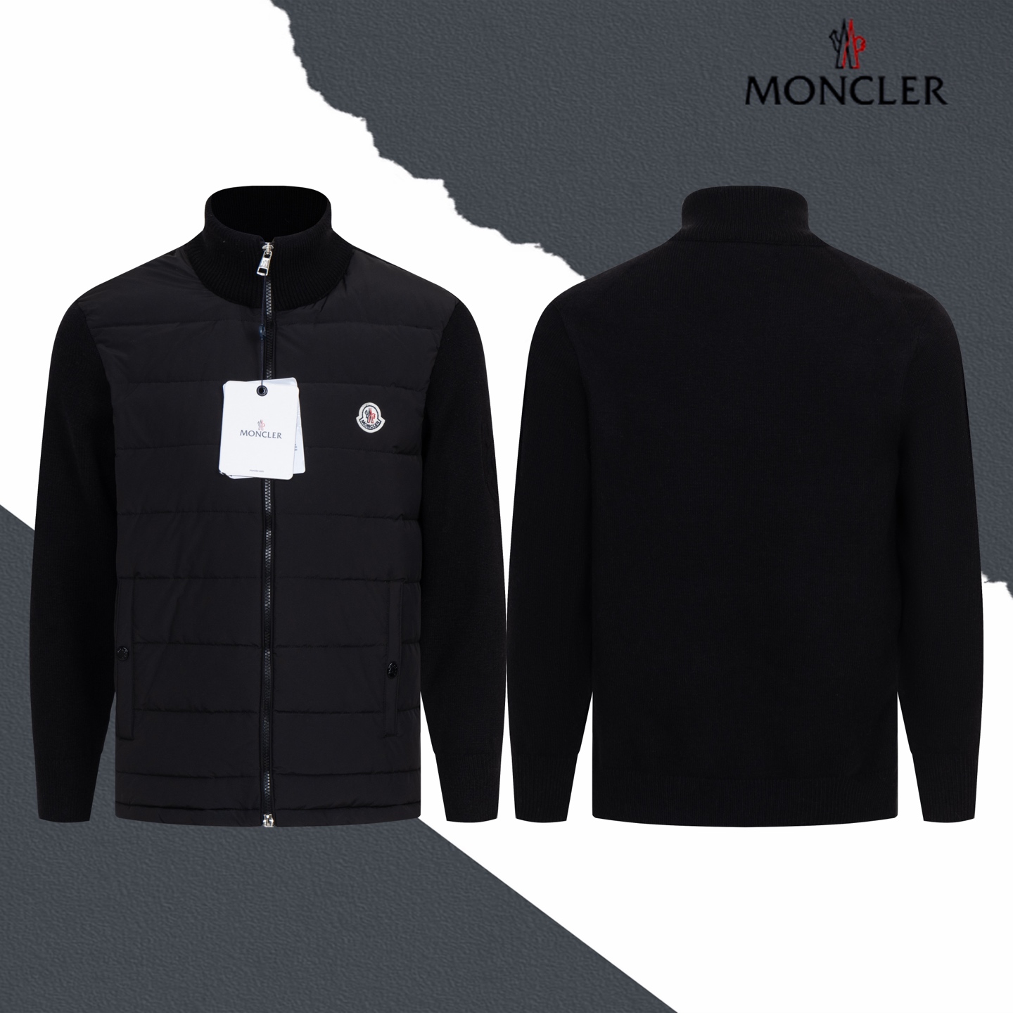 Moncler Small Chest Logo Paneled Knit Stand-Collar Down Jacket