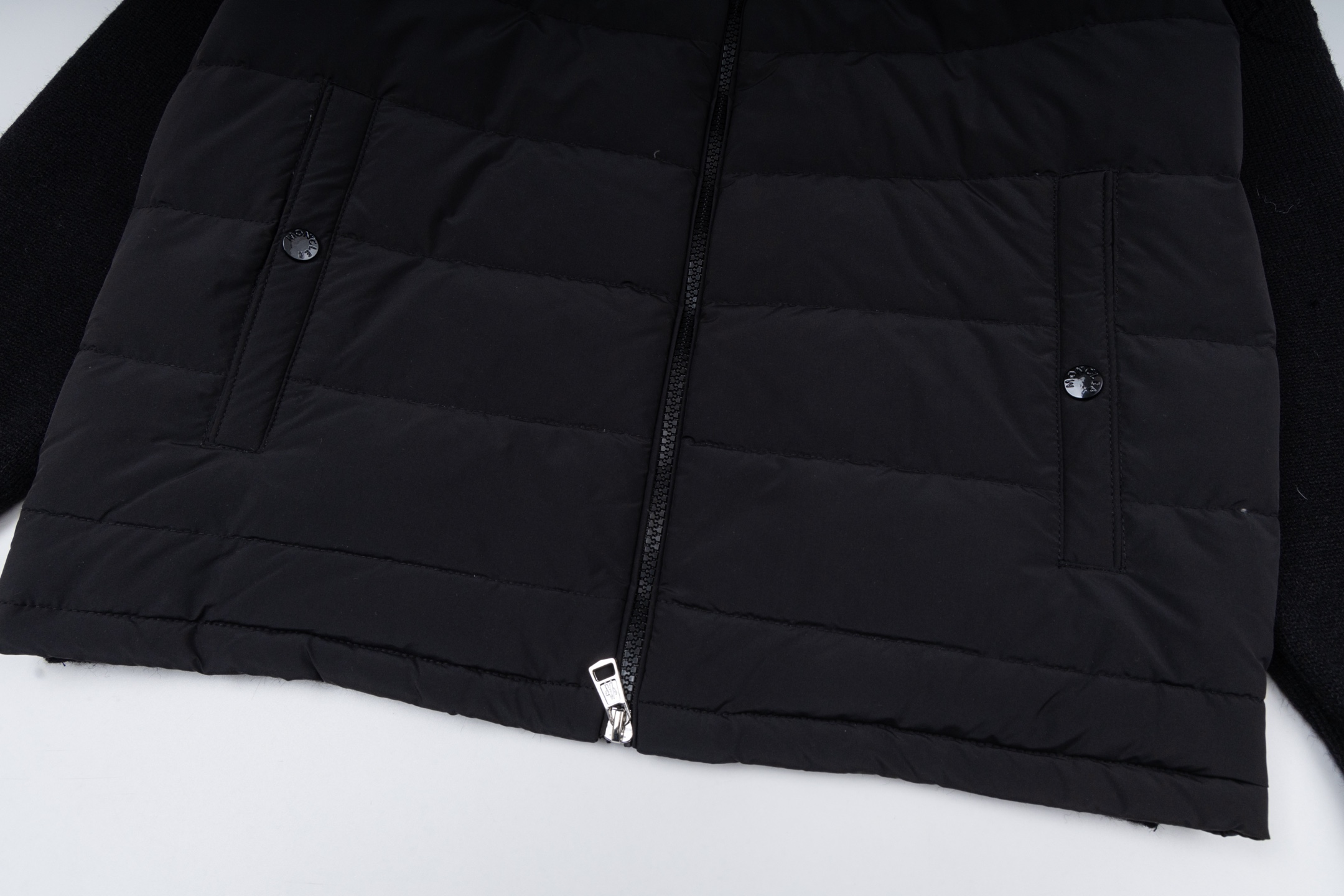 Moncler Small Chest Logo Paneled Knit Stand-Collar Down Jacket