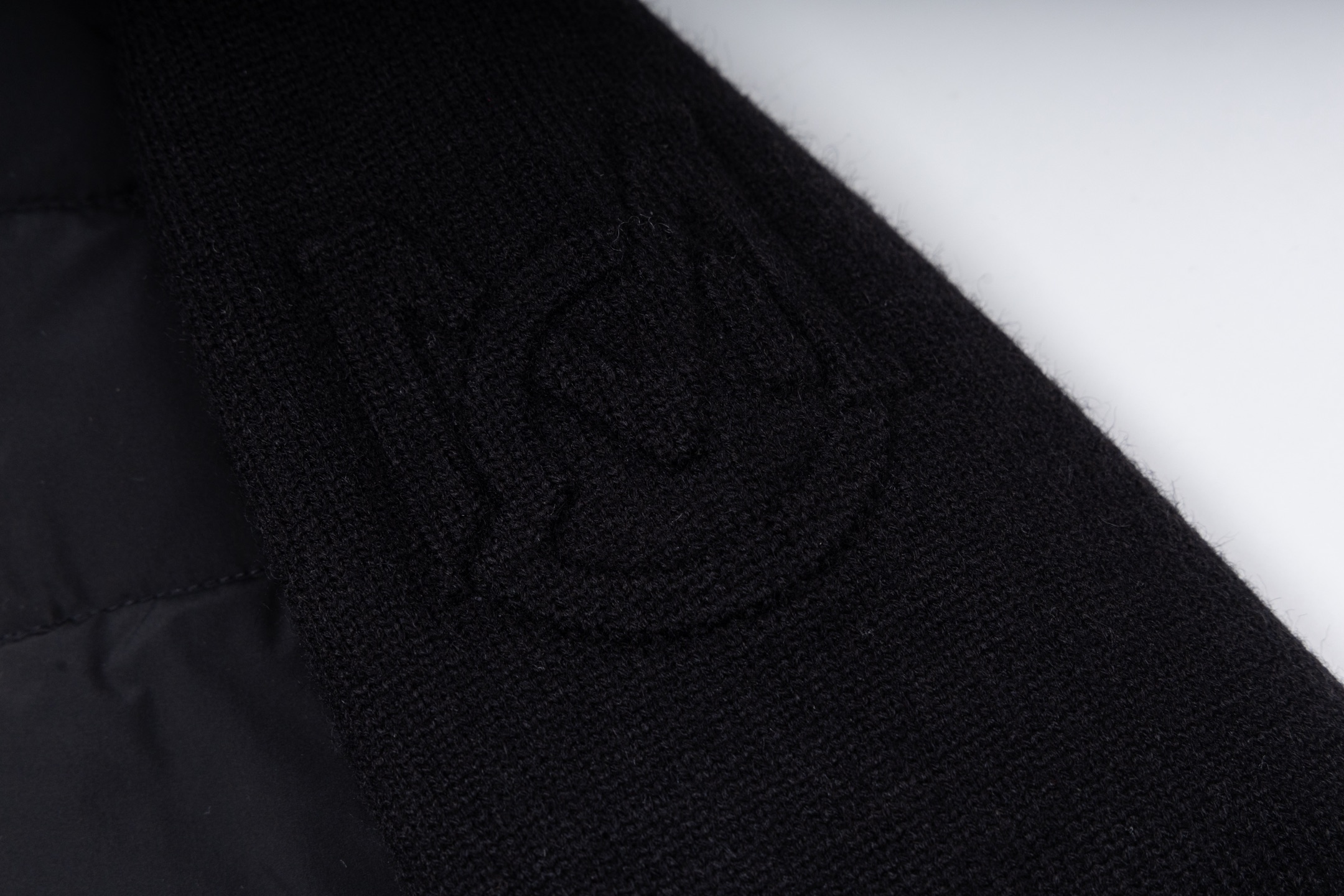 Moncler Small Chest Logo Paneled Knit Stand-Collar Down Jacket