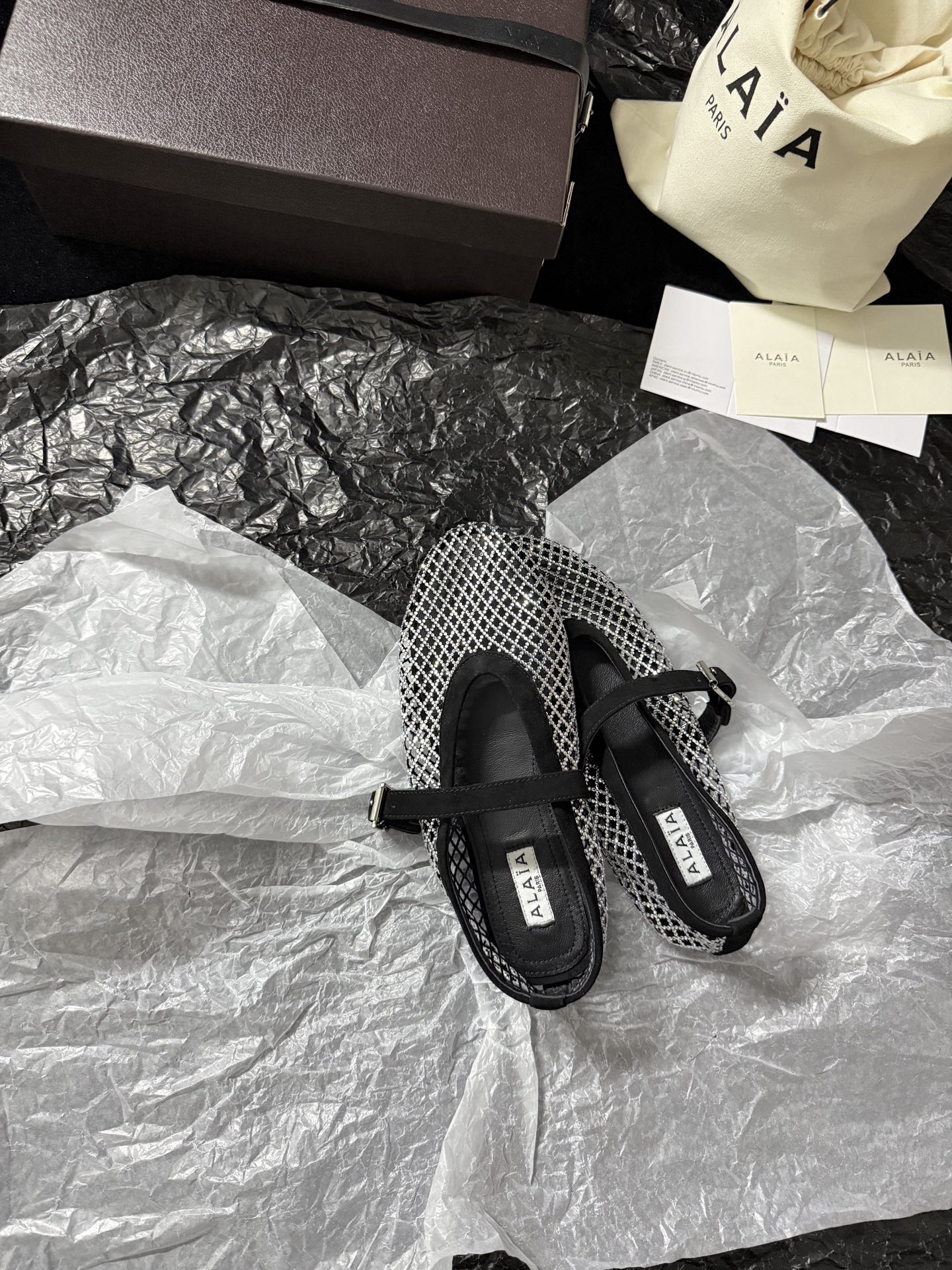 Alaïa Woven mesh rhinestone flats