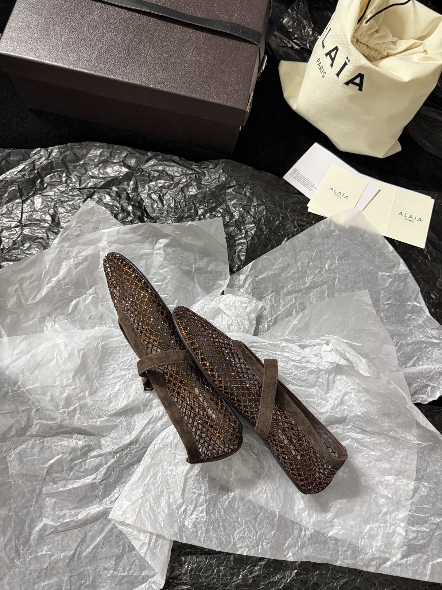 Alaïa Woven mesh rhinestone flats