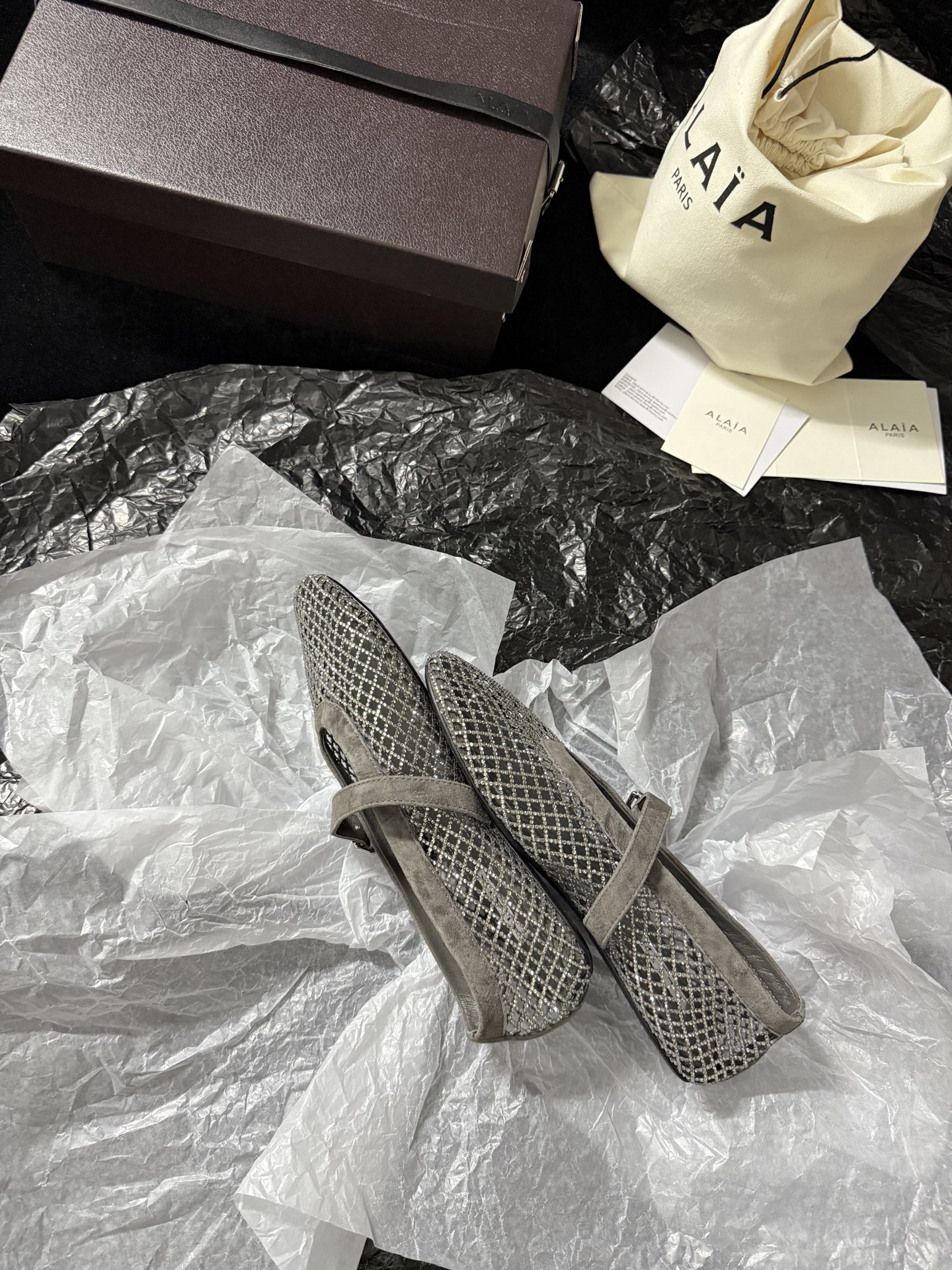 Alaïa Woven mesh rhinestone flats