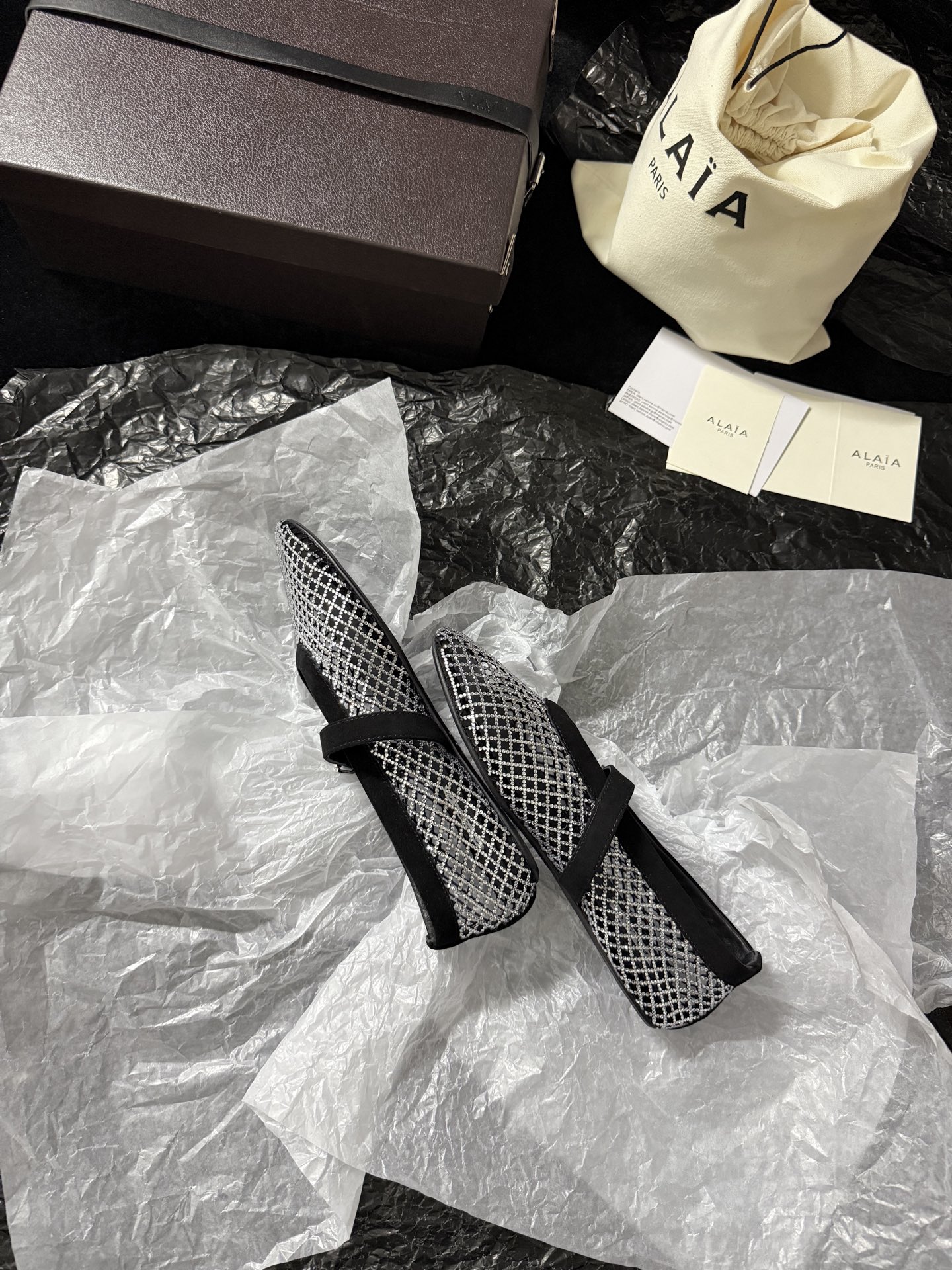 Alaïa Woven mesh rhinestone flats