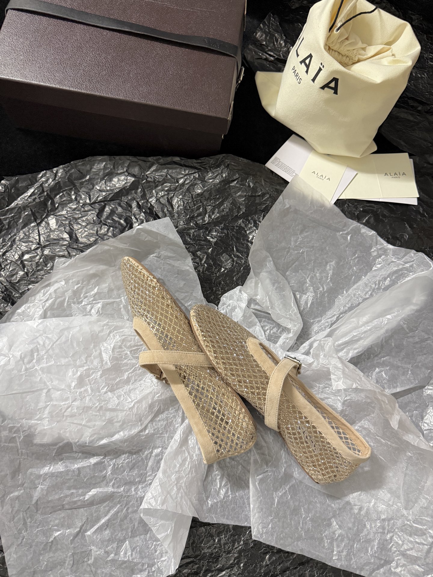 Alaïa Woven mesh rhinestone flats