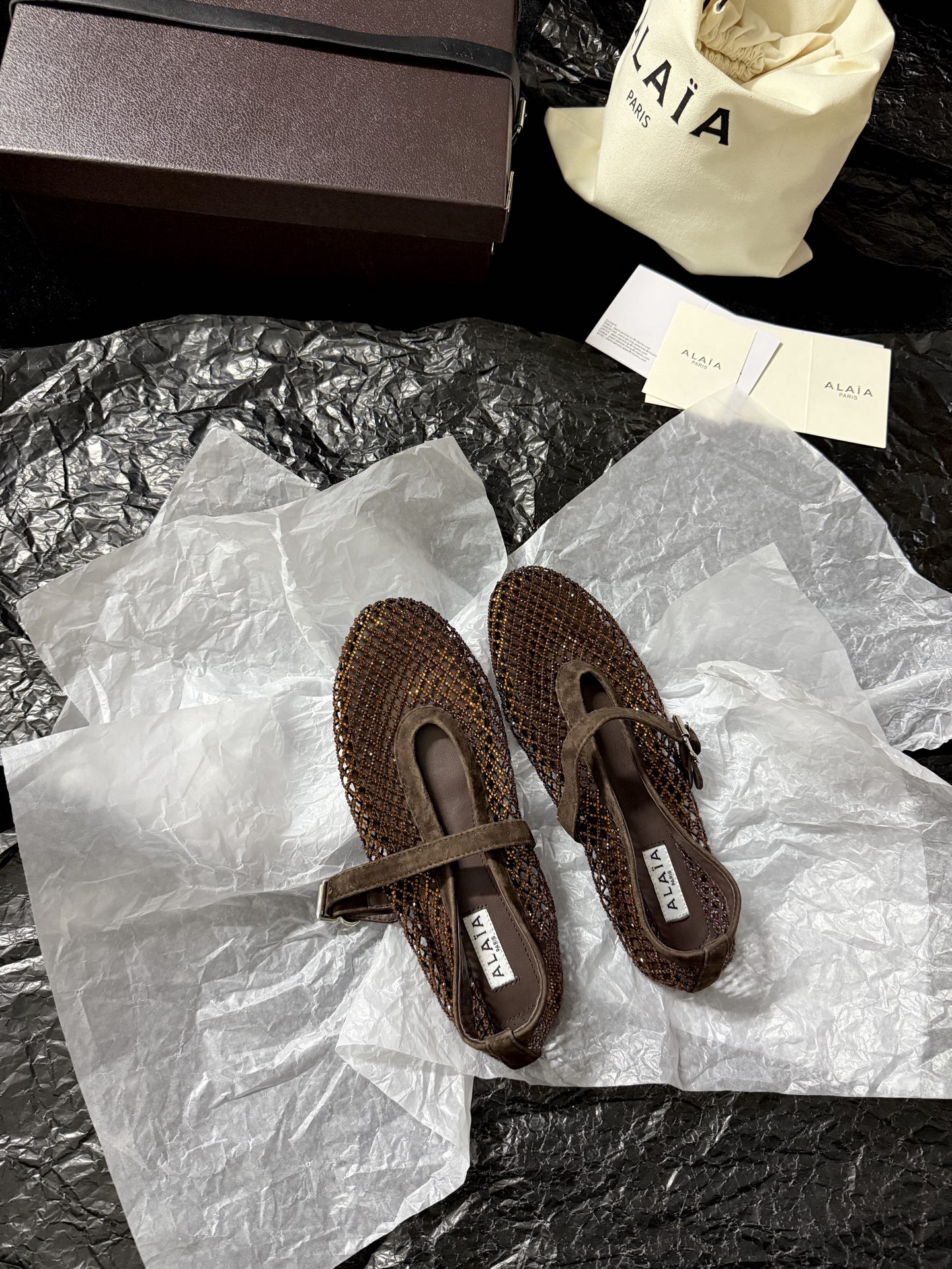 Alaïa Woven mesh rhinestone flats