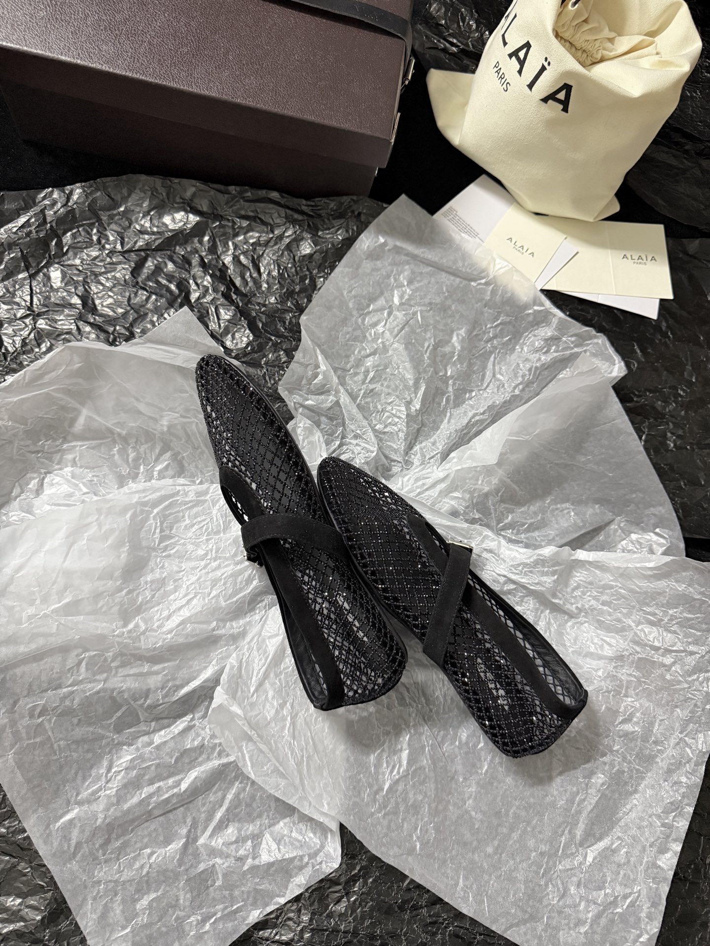 Alaïa Woven mesh rhinestone flats