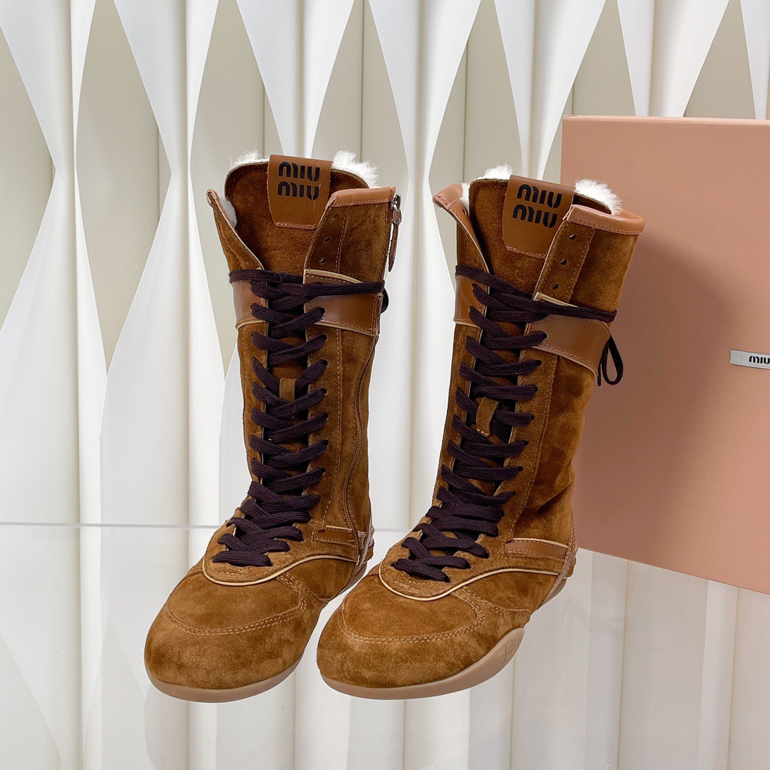 Miu Miu Deerskin Mid-calf Wool Lace-up Martin Boots