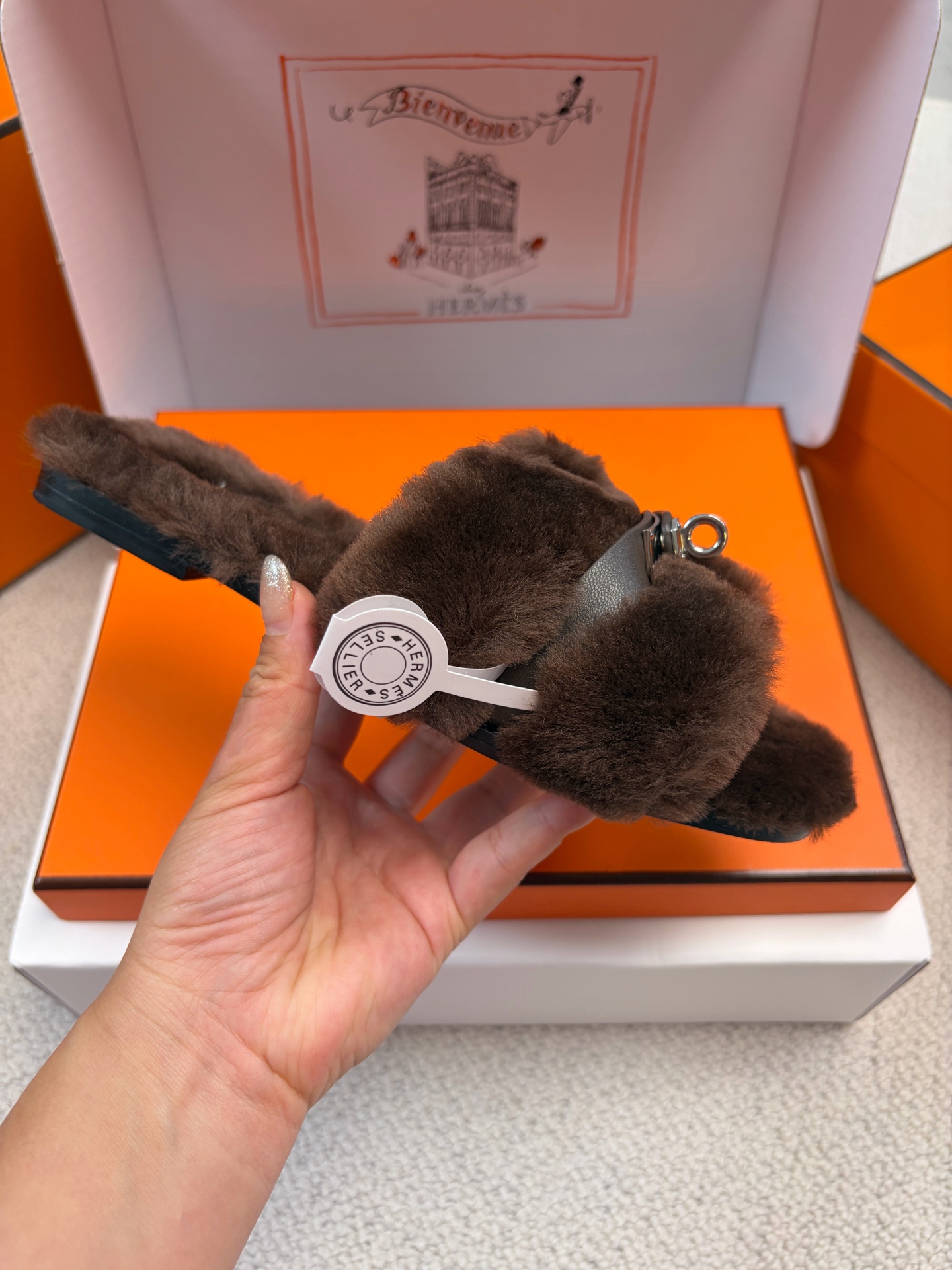 Hermès furry slippers