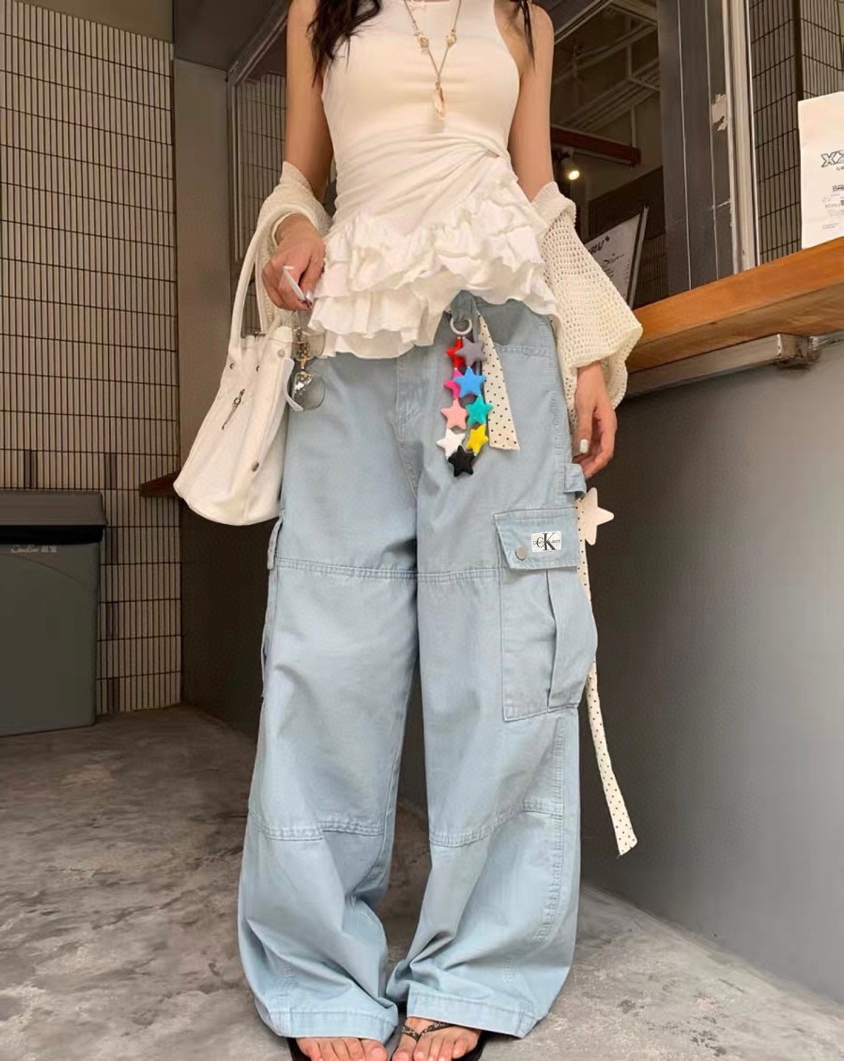 Calvin Klein Light Blue Embroidered Logo Cargo Pants