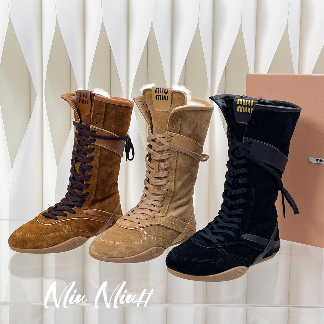 Miu Miu Deerskin Mid-calf Wool Lace-up Martin Boots