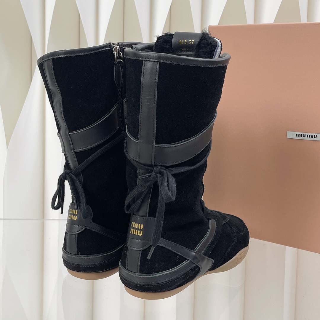 Miu Miu Deerskin Mid-calf Wool Lace-up Martin Boots