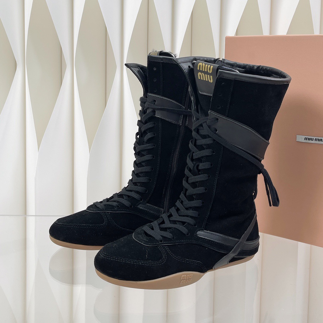 Miu Miu Deerskin Mid-calf Wool Lace-up Martin Boots