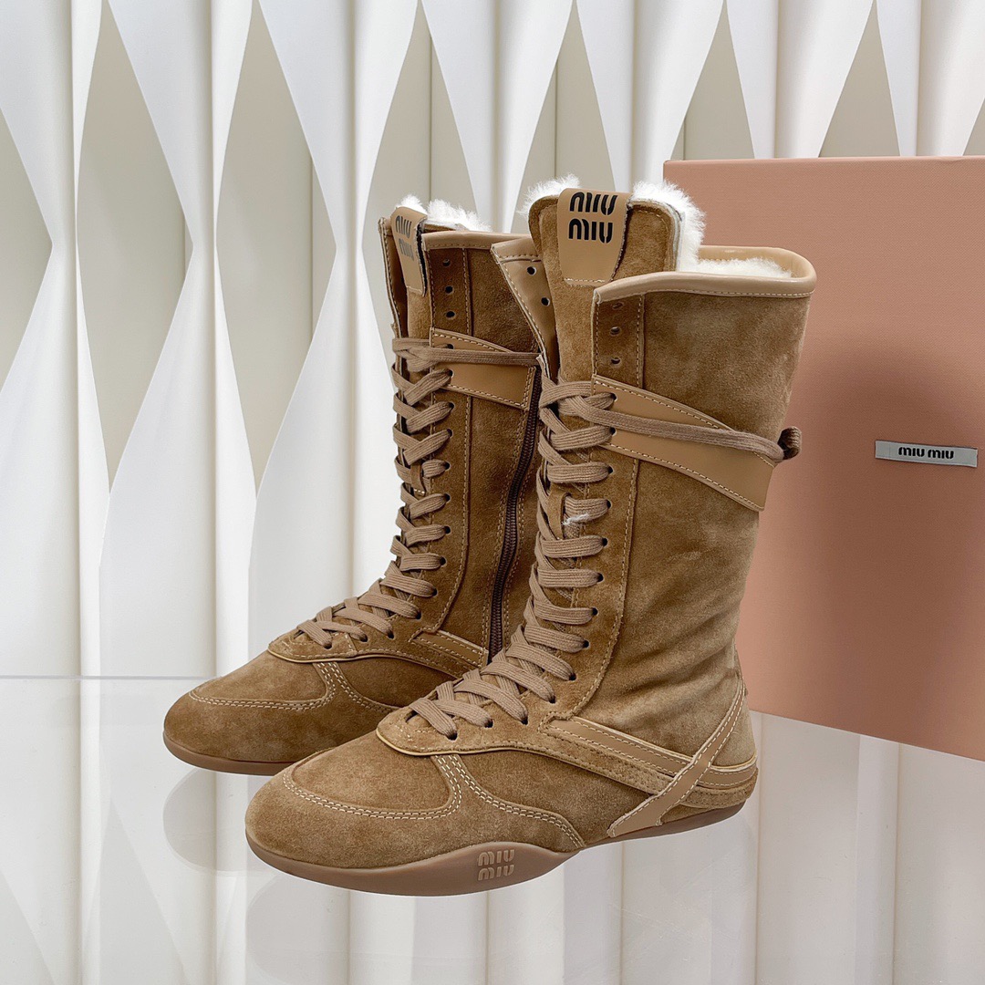 Miu Miu Deerskin Mid-calf Wool Lace-up Martin Boots