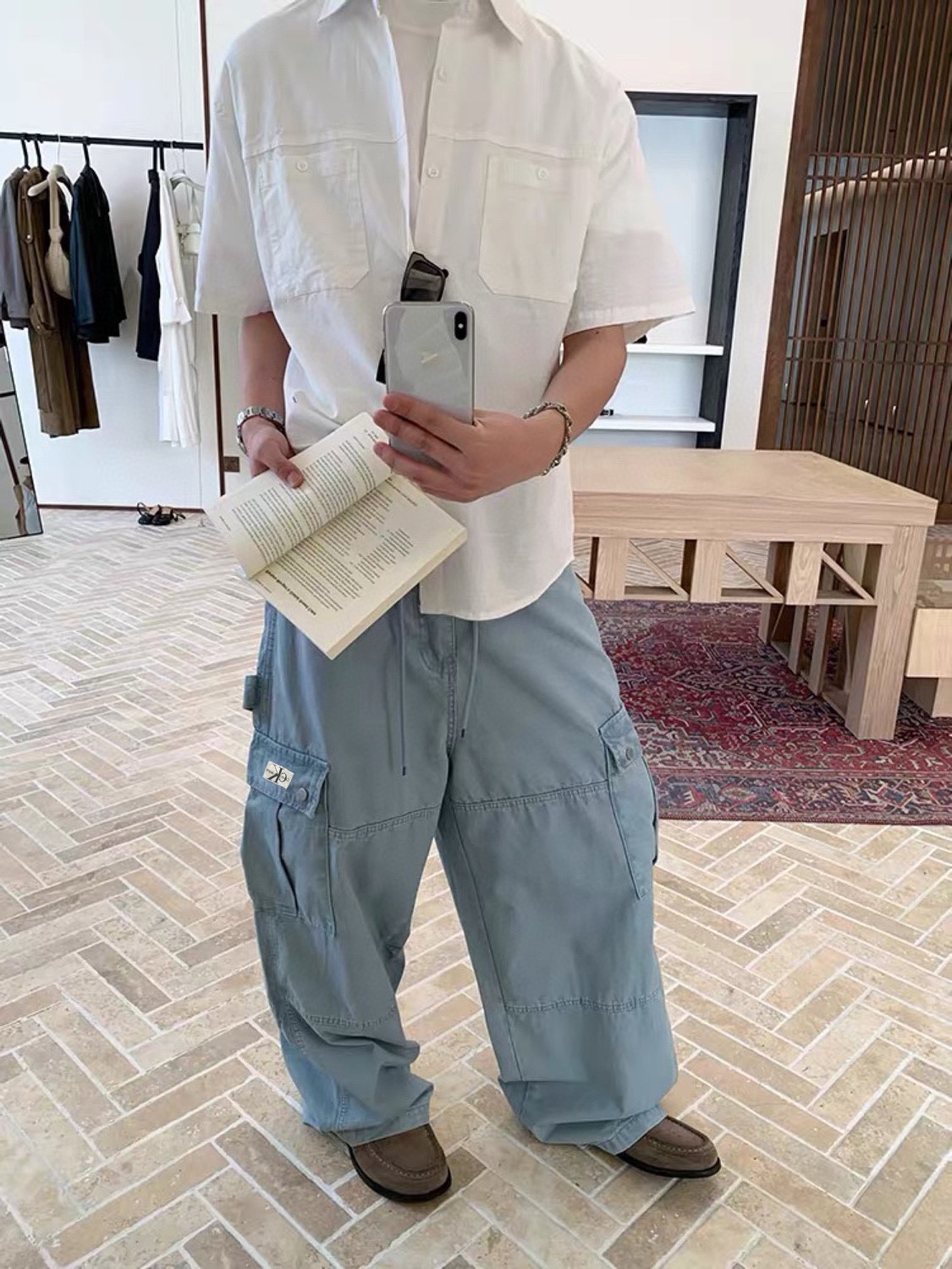 Calvin Klein Light Blue Embroidered Logo Cargo Pants