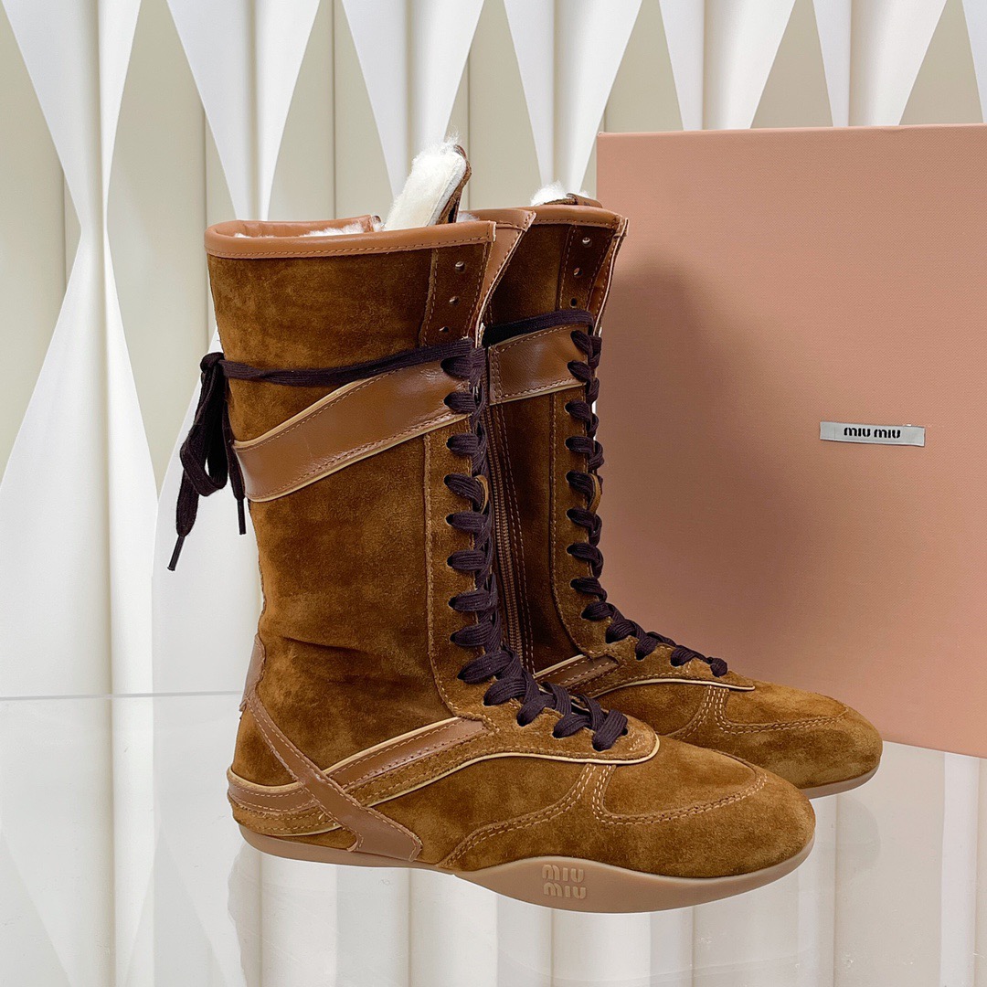 Miu Miu Deerskin Mid-calf Wool Lace-up Martin Boots