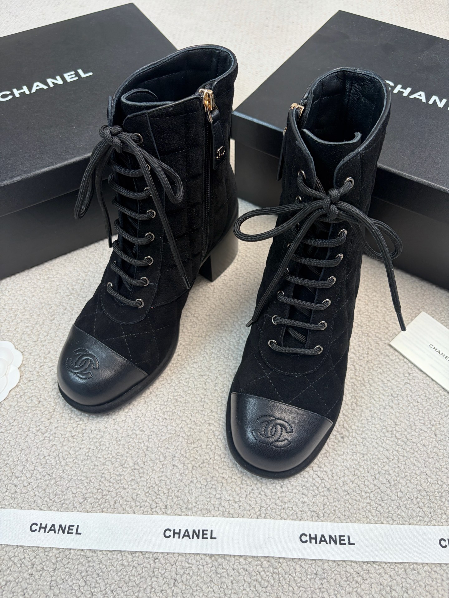 CHANEL Quilted suede Color-block Martin boots